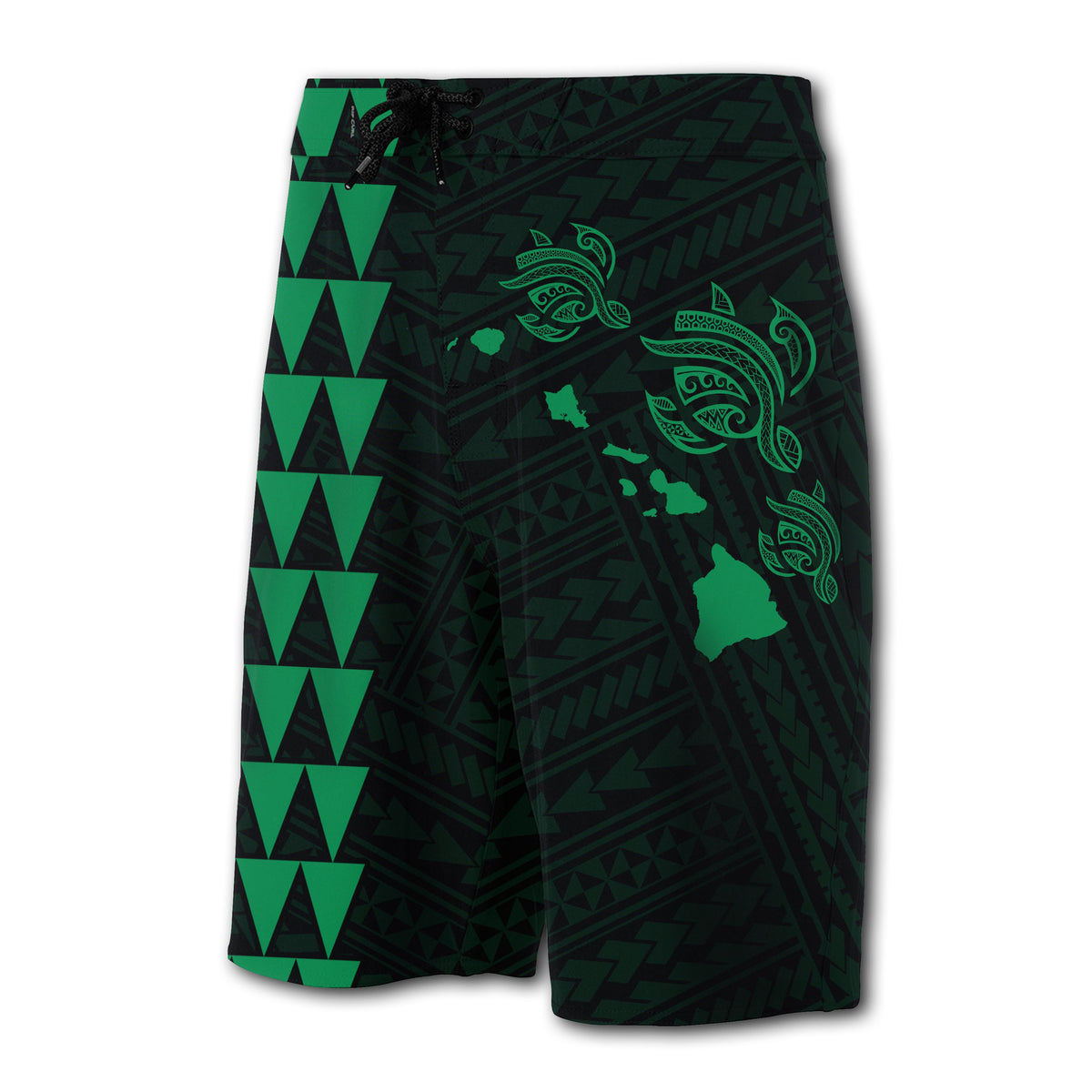 Hawaii Kakau Polynesian Three Turtles Map Board Shorts - Green - Polynesian Pride