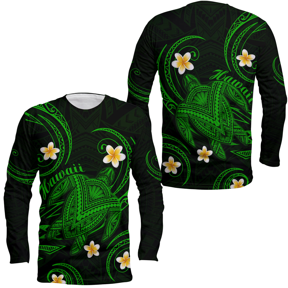 Hawaii Long Sleeve Shirt Hawaiian Turtle Plumeria Mixed Polynesian Green Style LT9 Unisex Green - Polynesian Pride