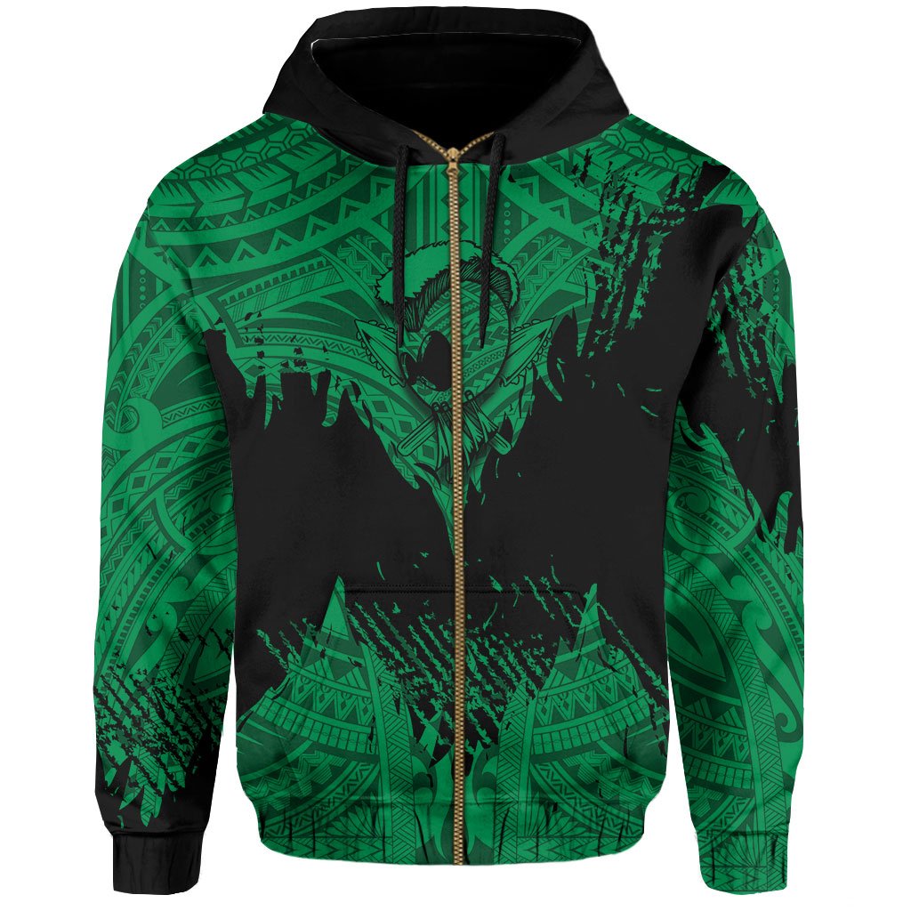 Hawaii Polynesian Hoodie Zip Warrior Ikaika Benjamin Style Green - Polynesian Pride