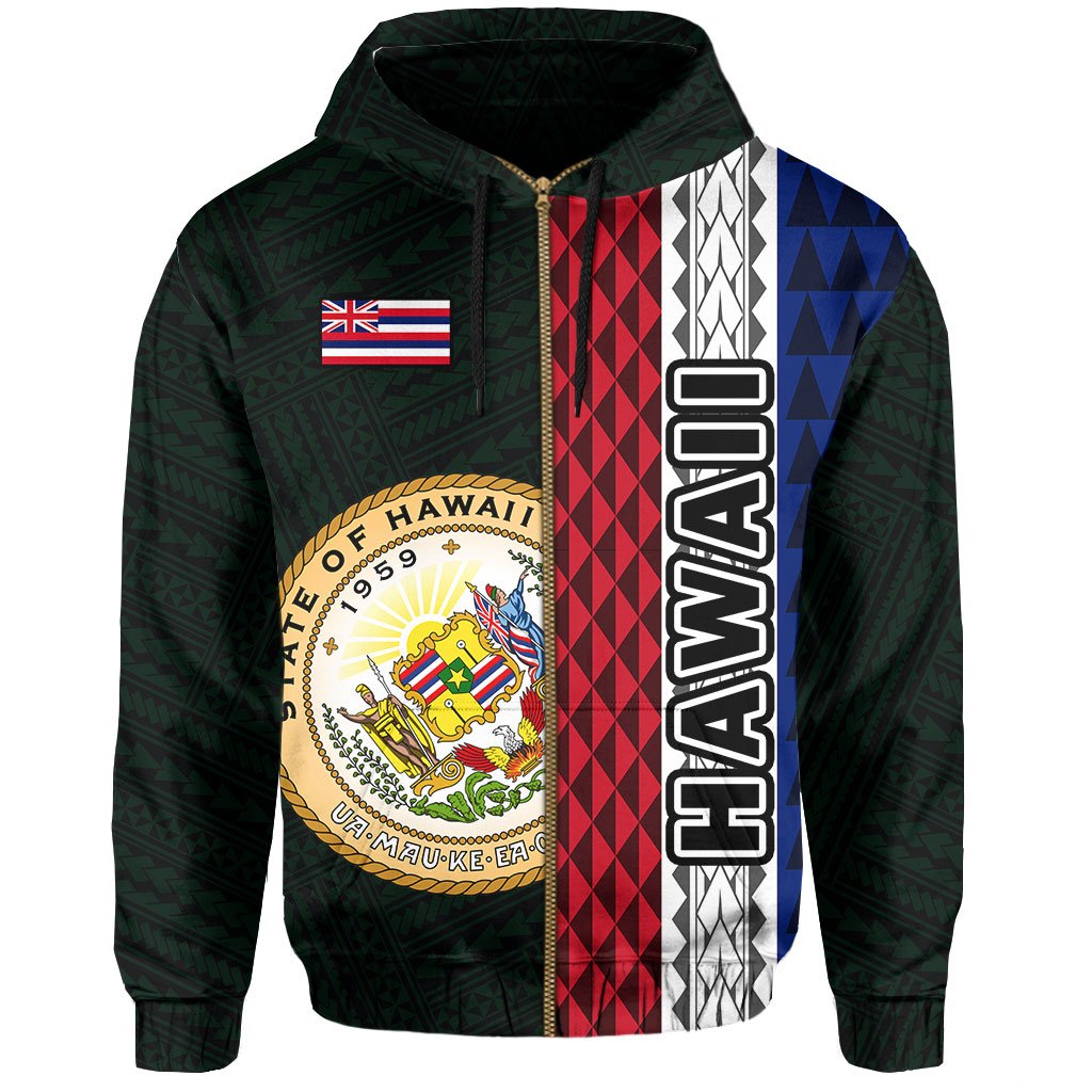 Polynesian Kakau Hawaii Flag Seal of Hawaii Zip Hoodie Green - Polynesian Pride