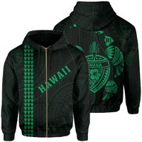 Polynesian Kakau Turtle Ohana Map of Hawaii Zip Hoodie Green Unisex Green - Polynesian Pride