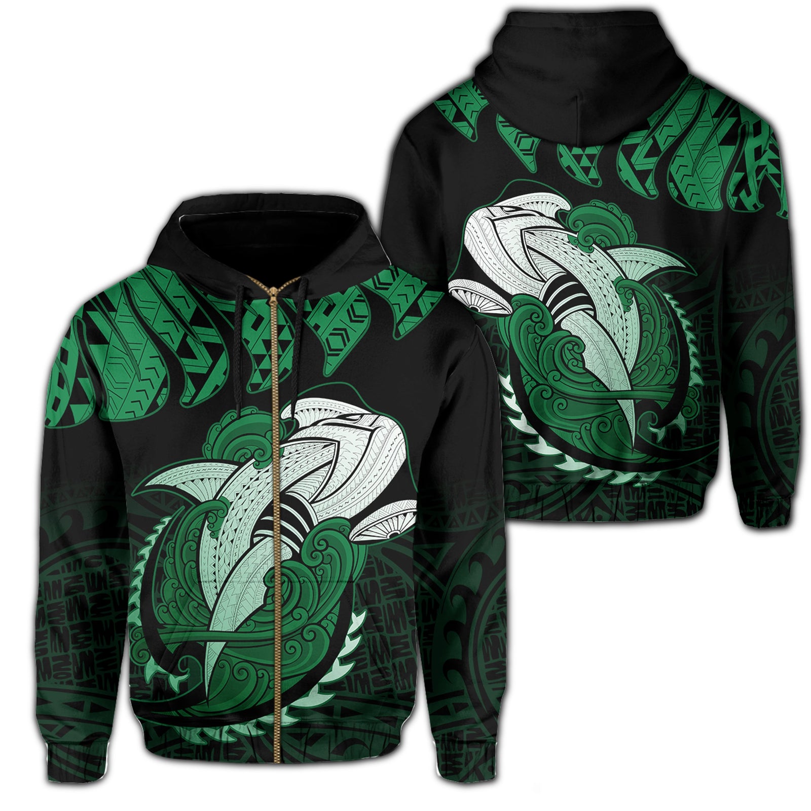 Hawaii Polynesian Aumakua Hammerhead Shark Hoodie Zip Cloud Style Green Unisex Green - Polynesian Pride