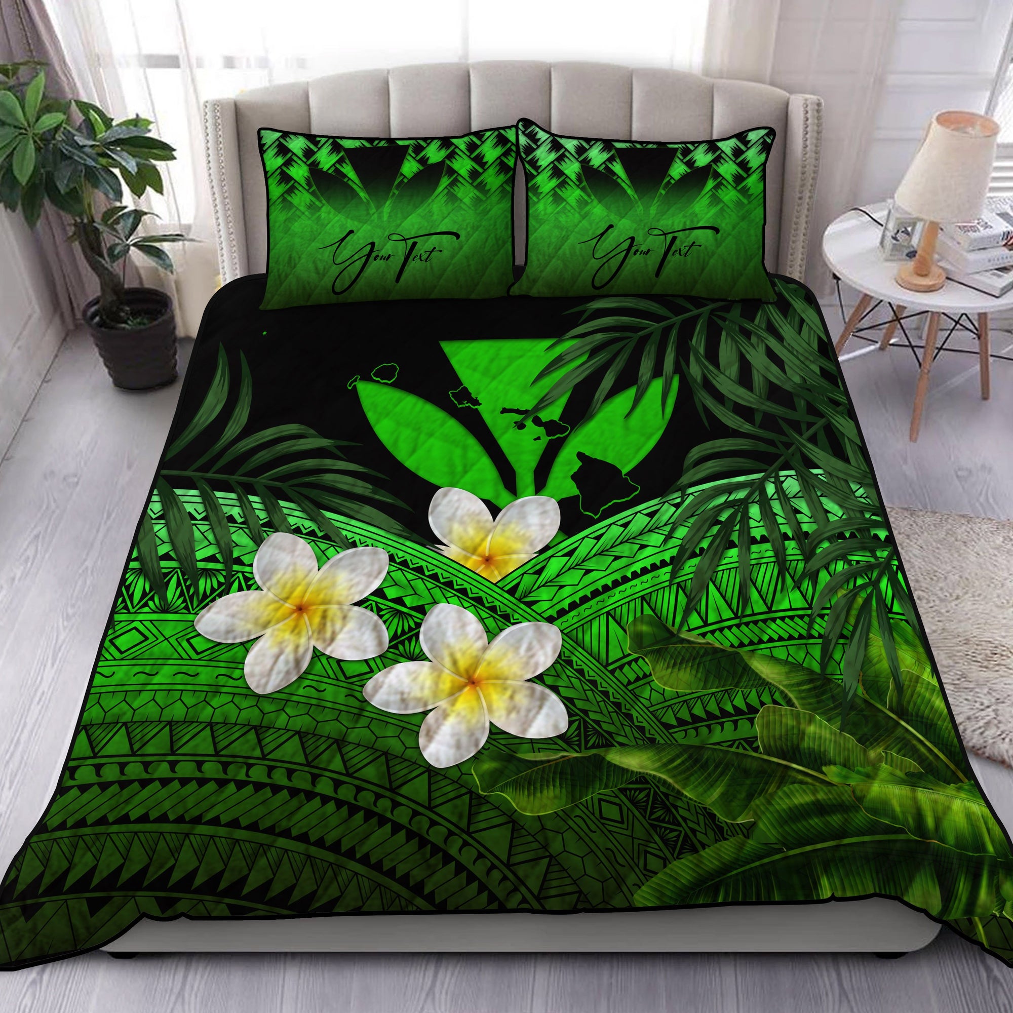 (Custom) Kanaka Maoli (Hawaiian) Quilt Bed Set, Polynesian Plumeria Banana Leaves Green Personal Signature Green - Polynesian Pride