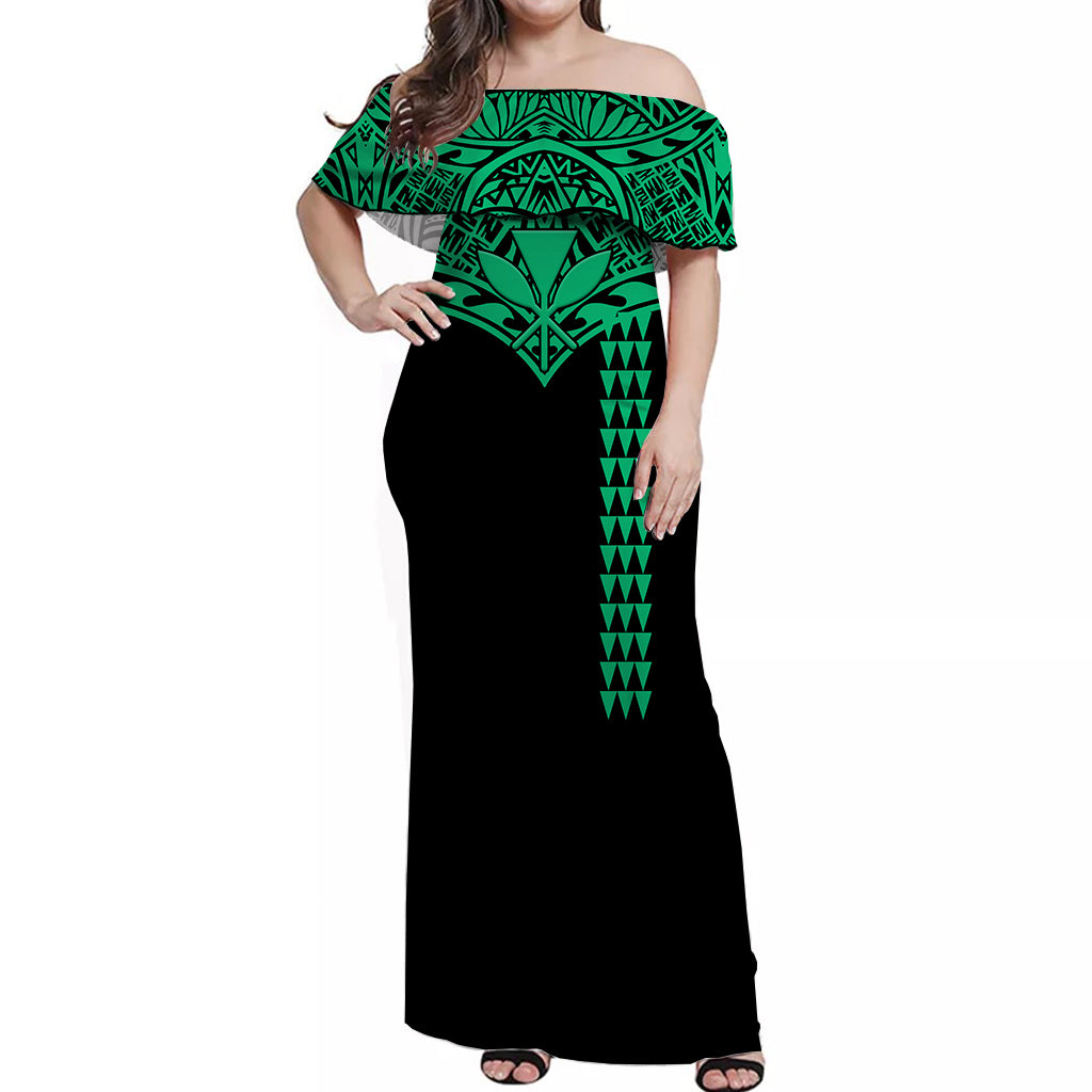 Hawaii Polynesian Tribal Off Shoulder Dress Green - LT12 Long Dress Green - Polynesian Pride