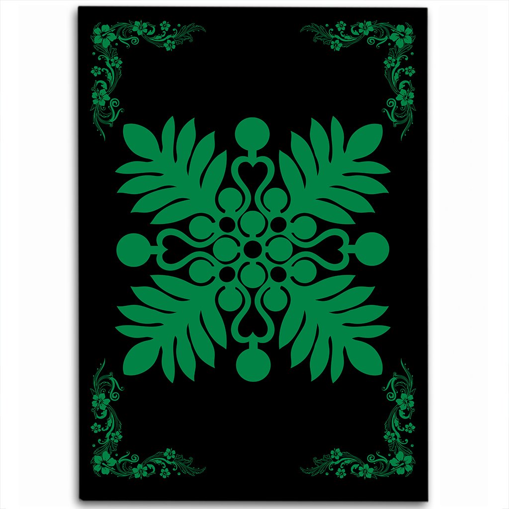 Hawaiian Quilt Maui Plant And Hibiscus Pattern Area Rug - Green Black - AH Green - Polynesian Pride