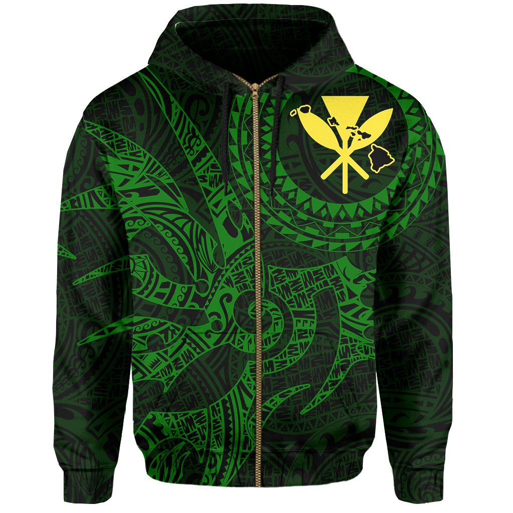 Hawaii Hoodie Zip Polynesian Kanaka Map Hawaiian Hoodie Zip Green Kanaka TT Style - Polynesian Pride