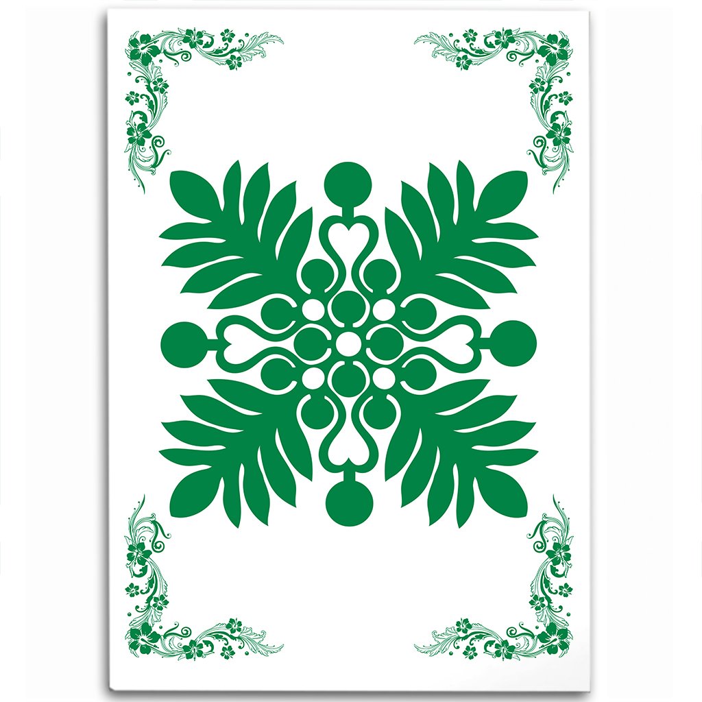 Hawaiian Quilt Maui Plant And Hibiscus Pattern Area Rug - Green White - AH Green - Polynesian Pride