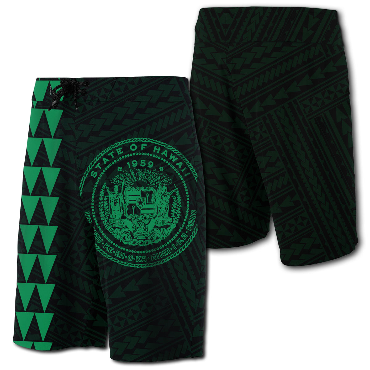 Hawaii Kakau Polynesian Coat Of Arms Board Shorts - Green Men Green - Polynesian Pride