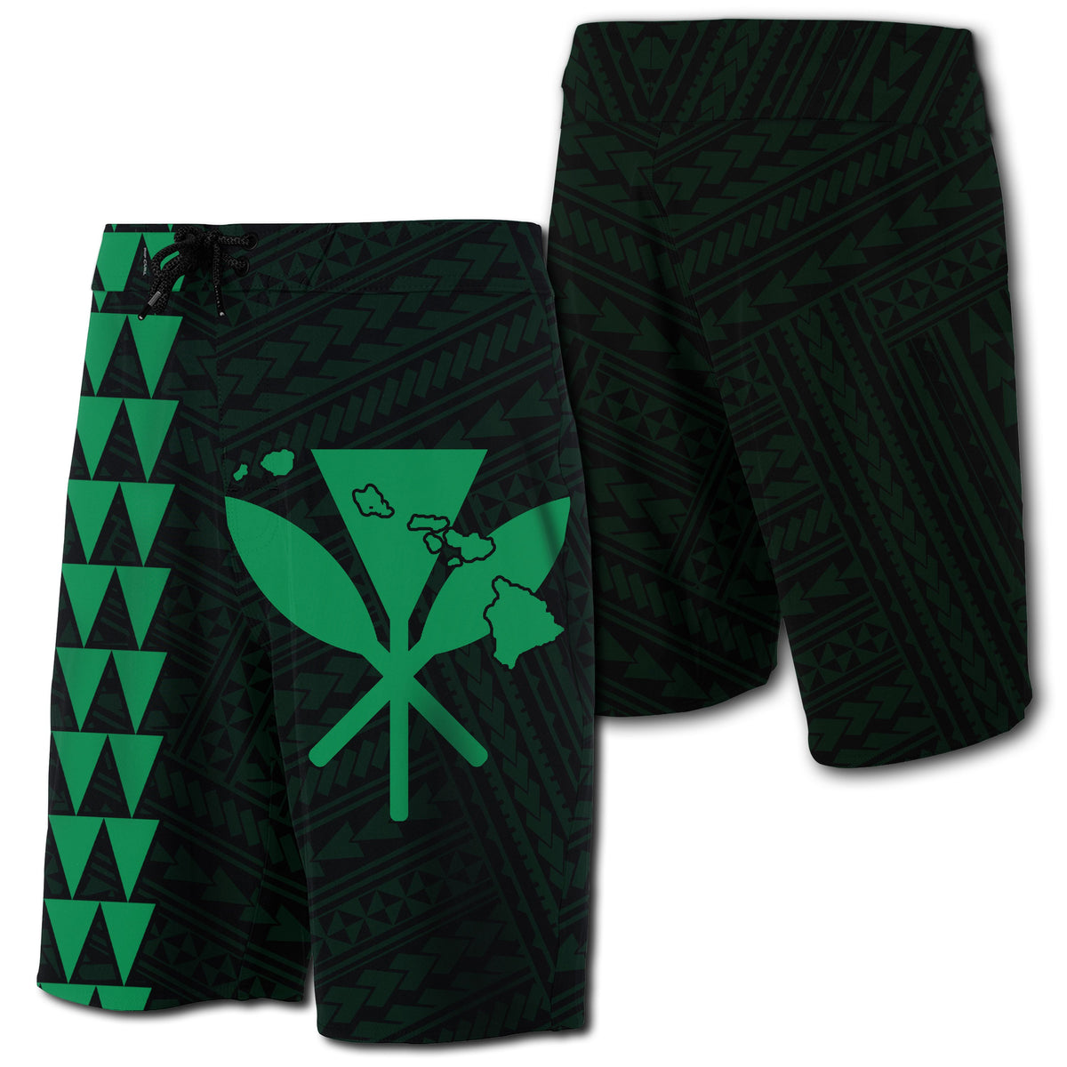 Hawaii Kakau Polynesian Kanaka Map Board Shorts - Green Men Green - Polynesian Pride