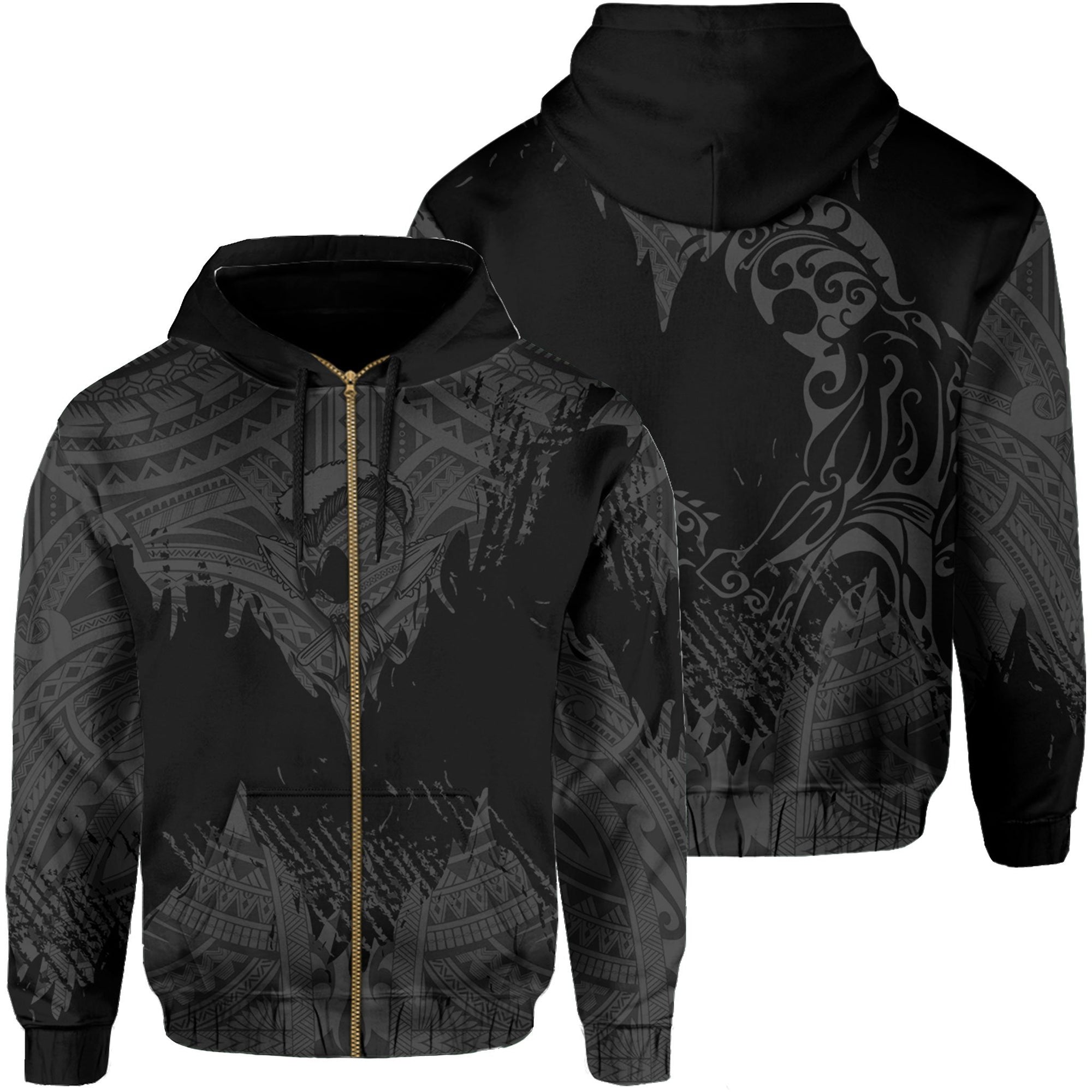 Hawaii Polynesian Hoodie Zip Warrior Ikaika Benjamin Style Grey Unisex Black - Polynesian Pride