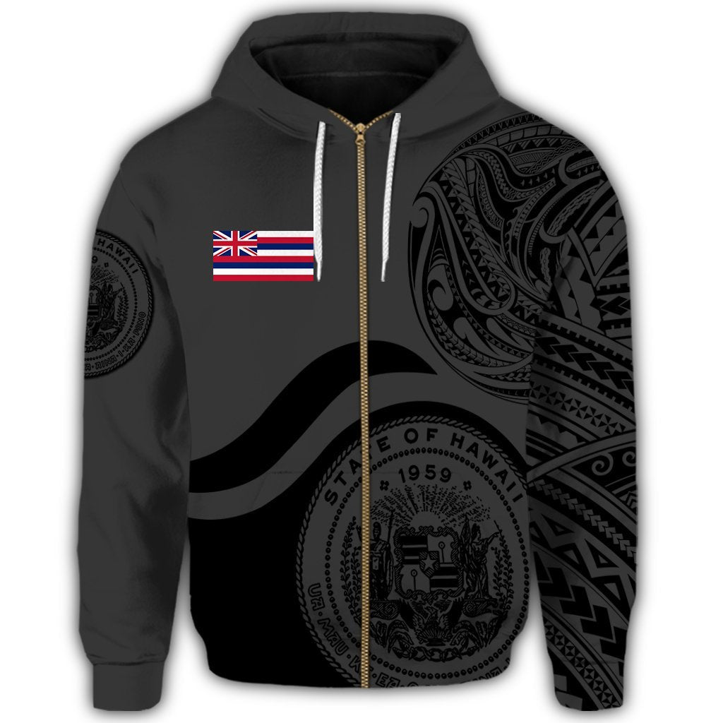 Hawaii Coat of Arms Zip Hoodie Waveshape Style Grey - Polynesian Pride