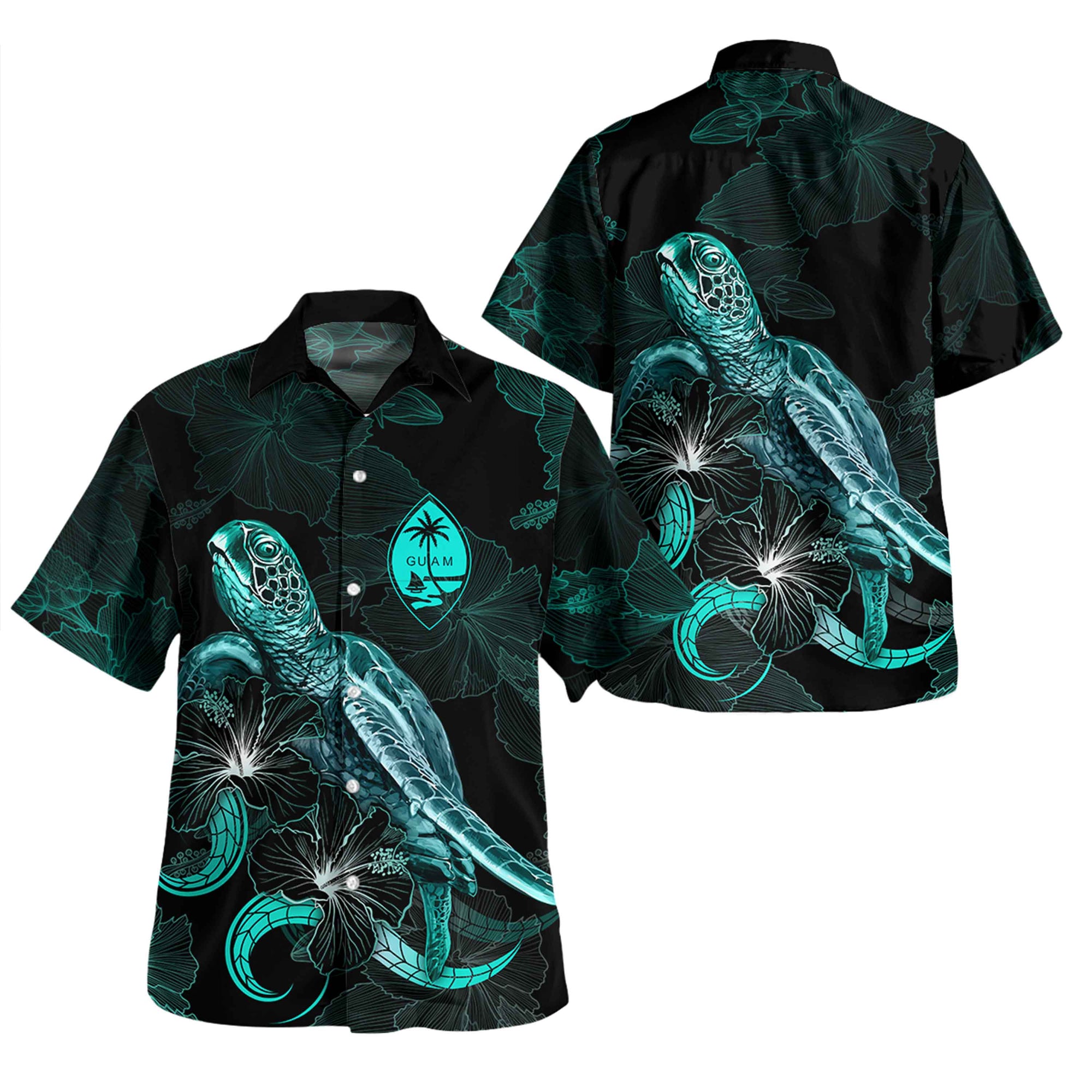 Guam Short Sleeve Shirt - Custom Guam Coat Of Arms With Polynesian Turtle Blooming Hibiscus Turquoise Unisex Turquoise - Polynesian Pride
