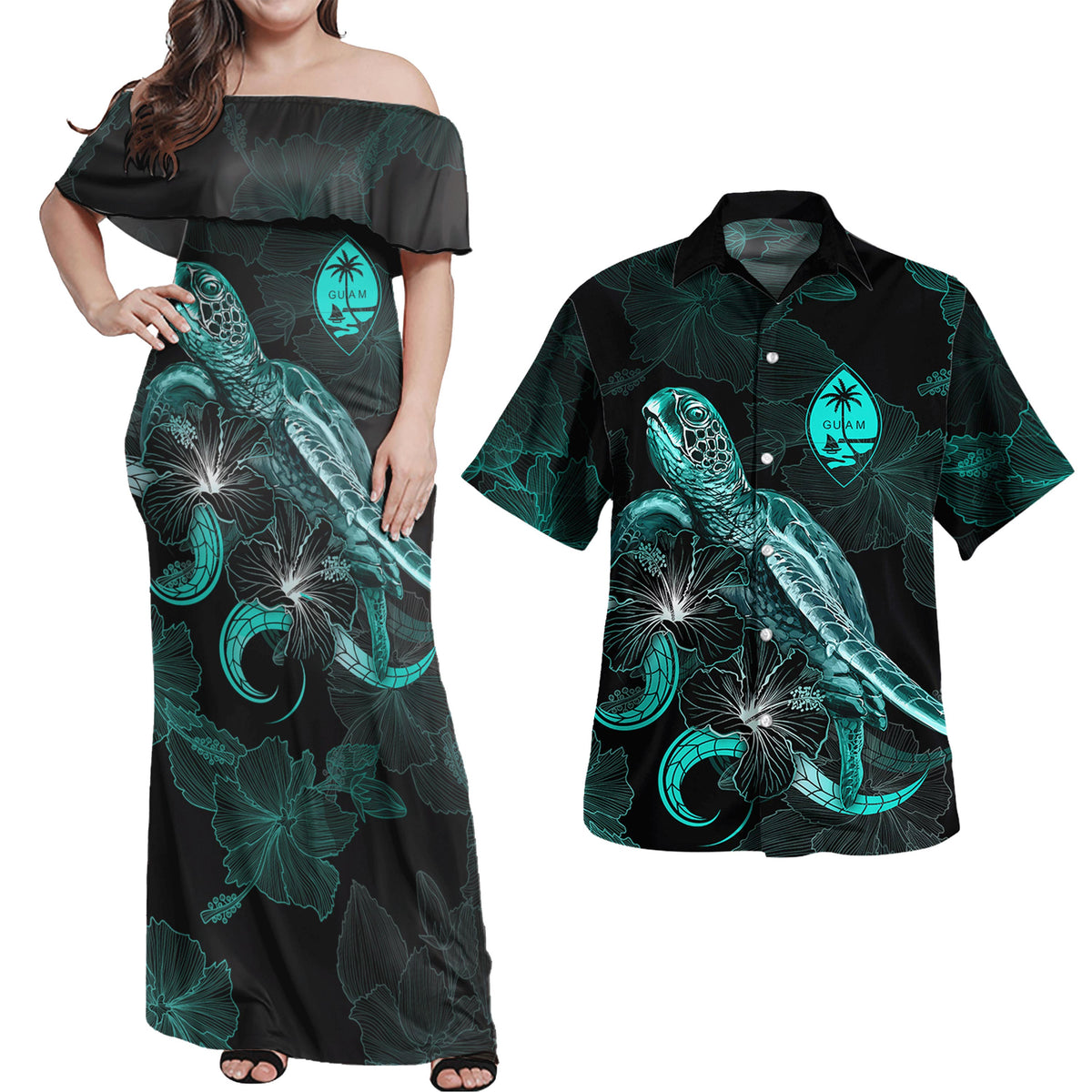 Guam Matching Dress and Hawaiian Shirt Coat Of Arms with Polynesian with Turtle and Blooming Hibiscus Turquoise Turquoise - Polynesian Pride