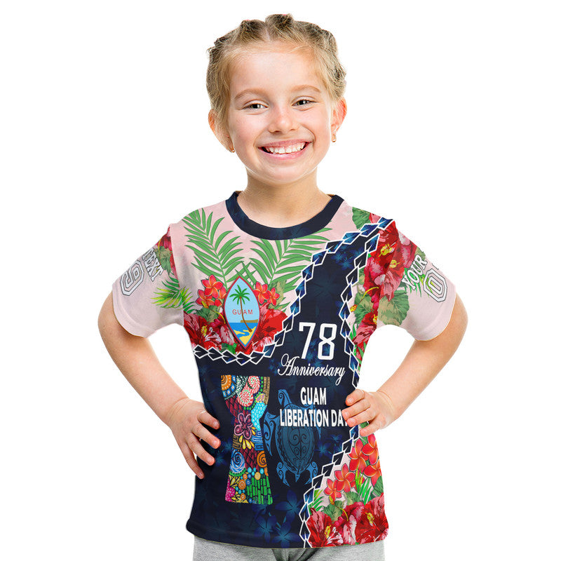 Custom Guam Liberation Day T Shirt Latte Stone Hibiscus Painting LT9 Kid Blue - Polynesian Pride