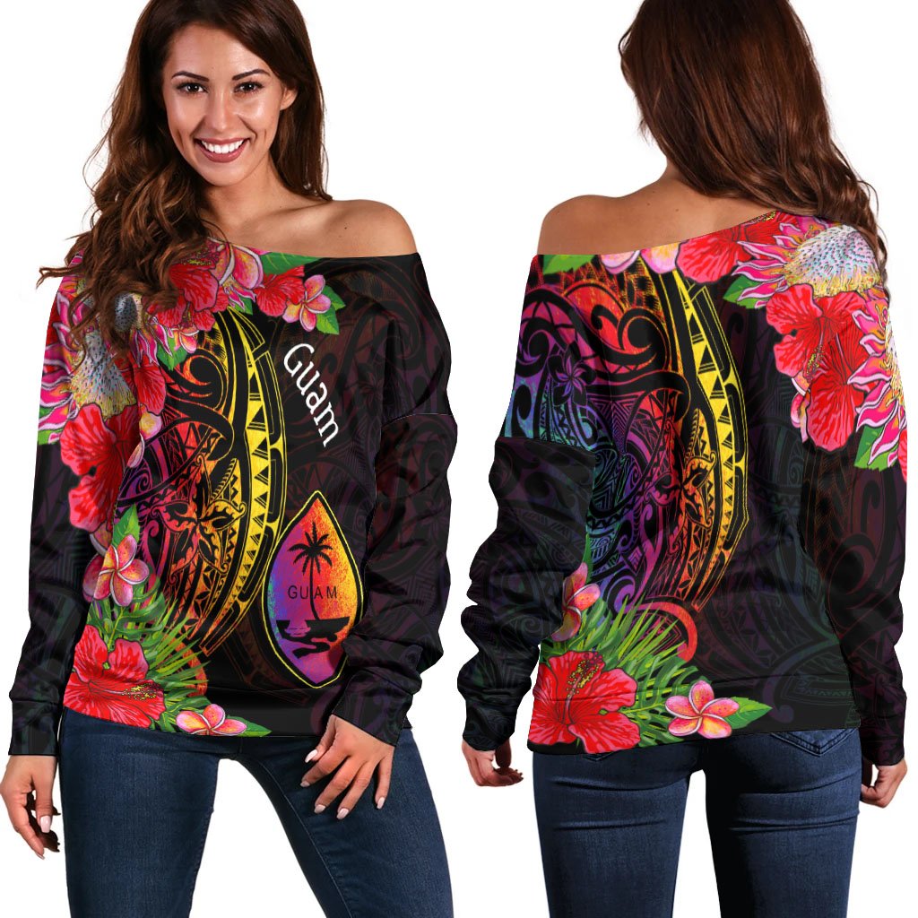 Guam Women's Off Shoulder Sweater - Tropical Hippie Style Black - Polynesian Pride