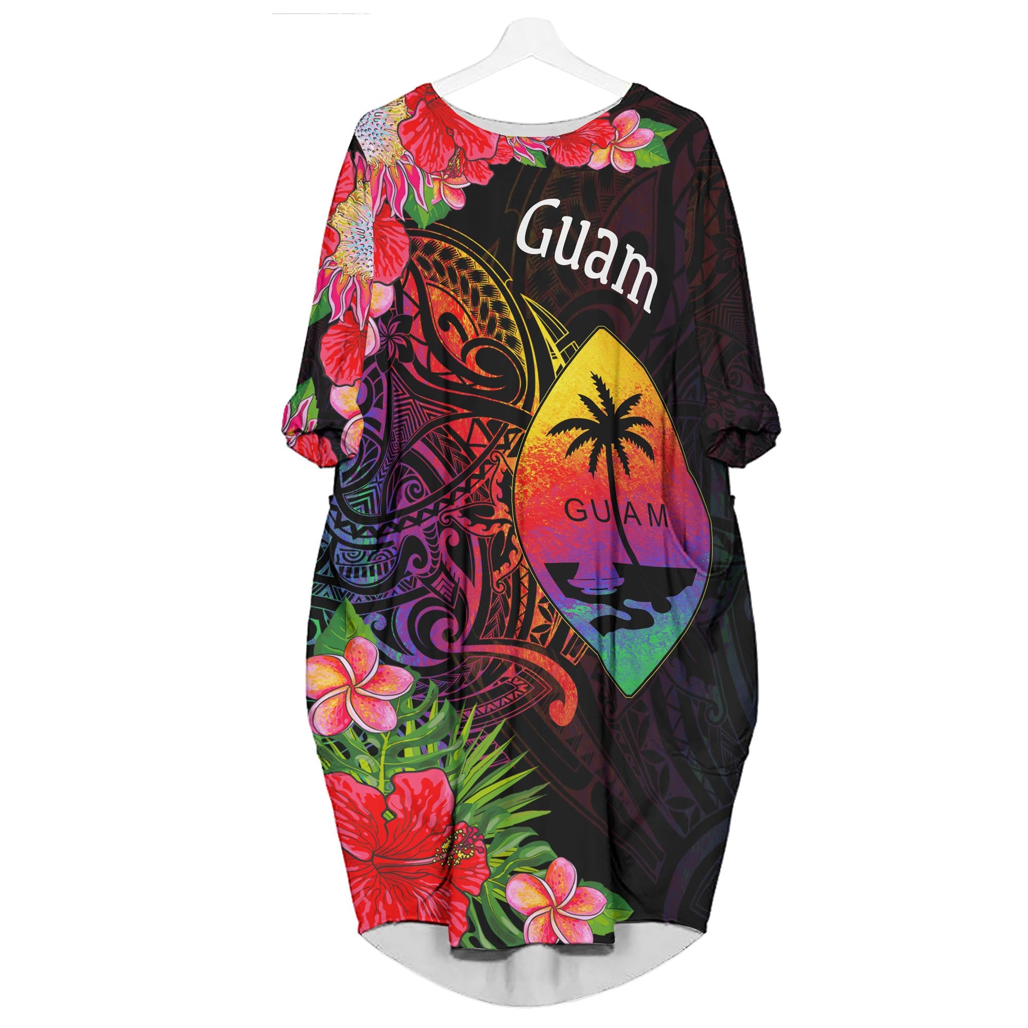 Guam Batwing Pocket Dress - Tropical Hippie Style Women Black - Polynesian Pride