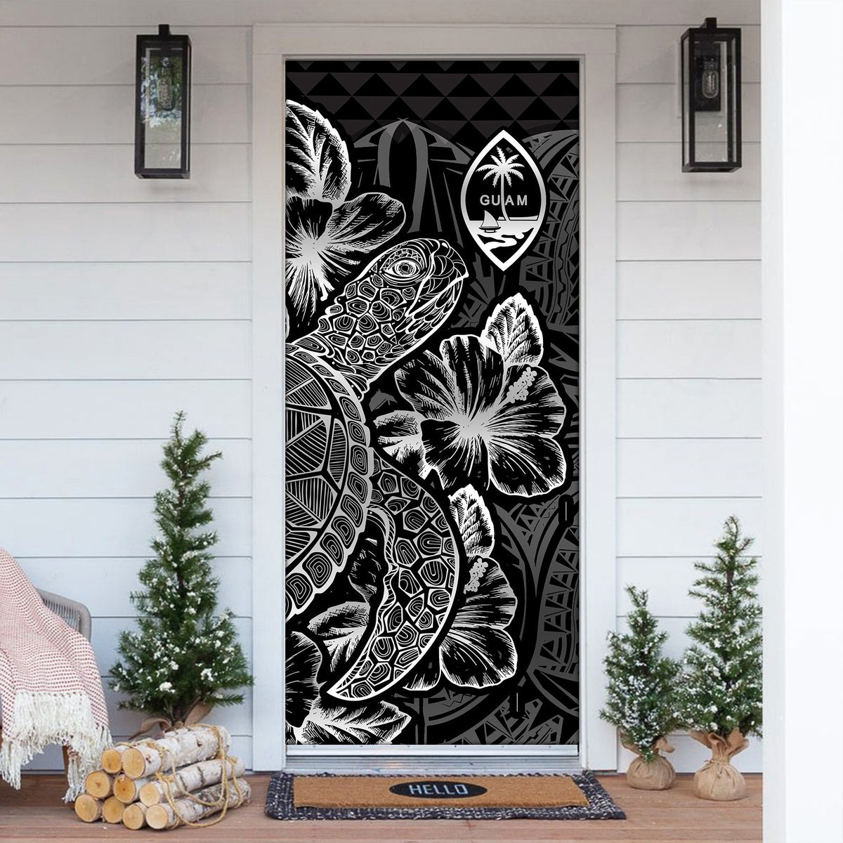 Guam Door Cover Turtle Hibiscus Black - Polynesian Pride