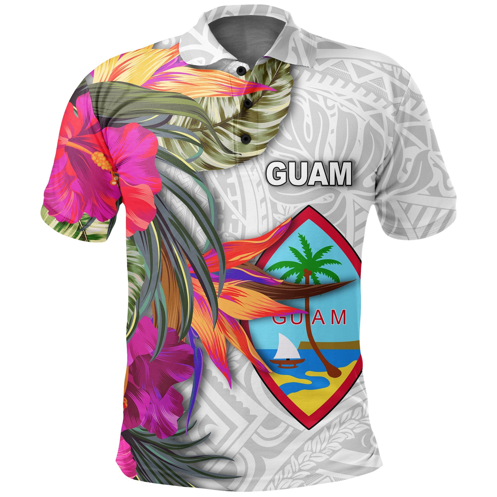 Guam Polo Shirt Polynesian Hibiscus White Pattern Unisex White - Polynesian Pride
