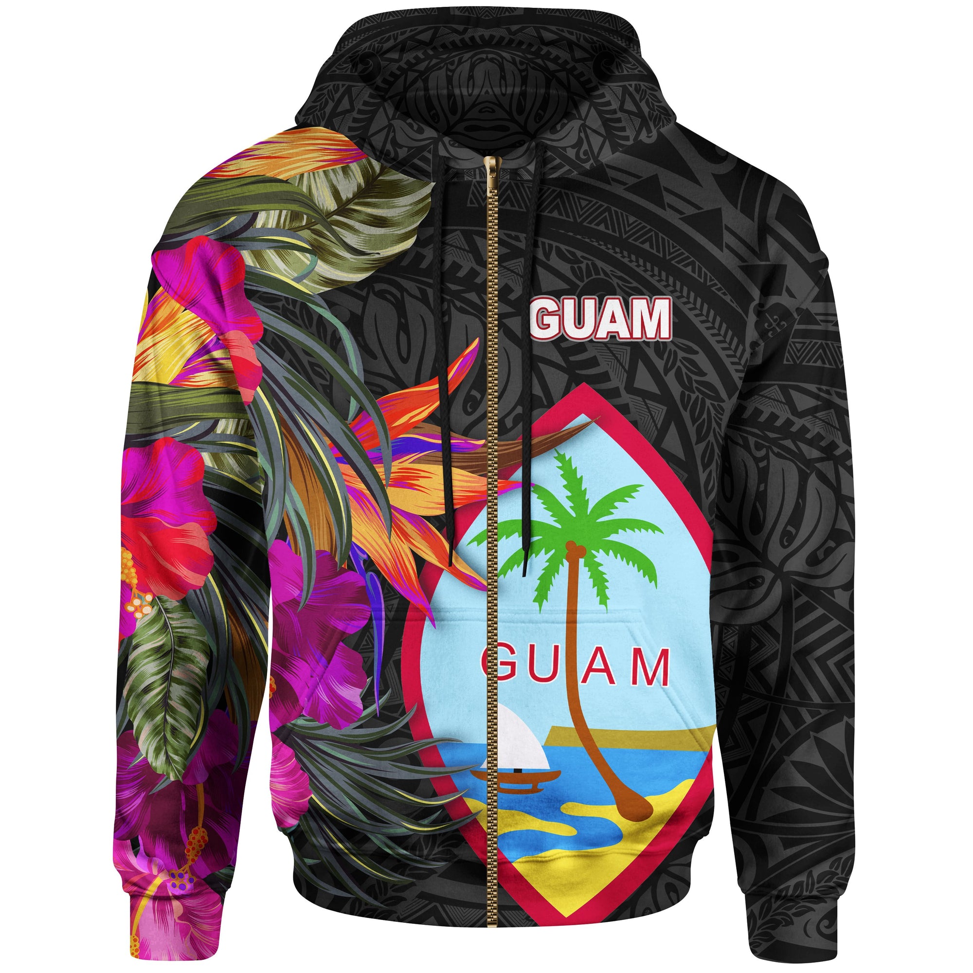 Guam Zip up Hoodie Hibiscus Polynesian Pattern Blue - Polynesian Pride