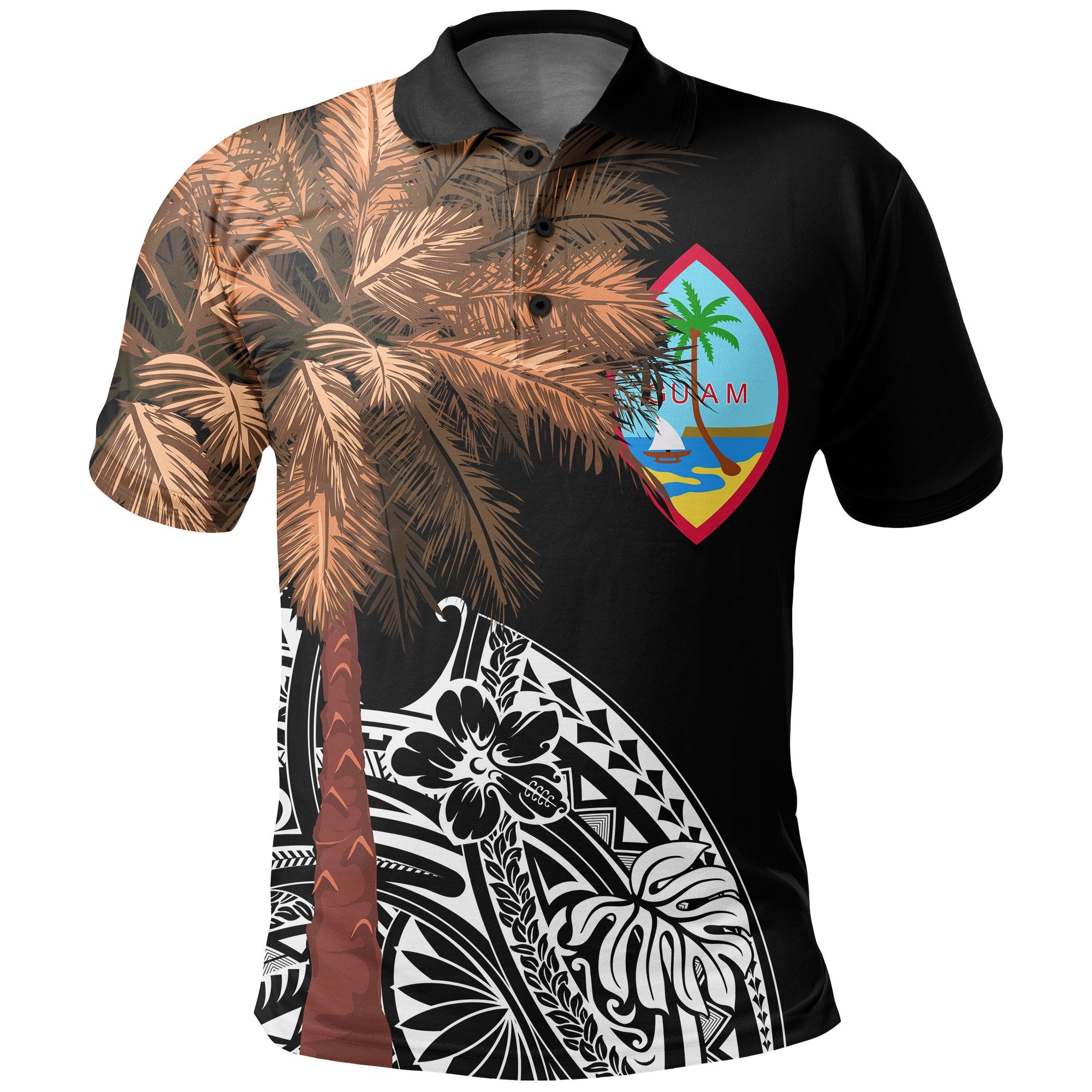 Guam Polo Shirt Guahan Palm Tree Polynesian Pattern Black Unisex Black - Polynesian Pride