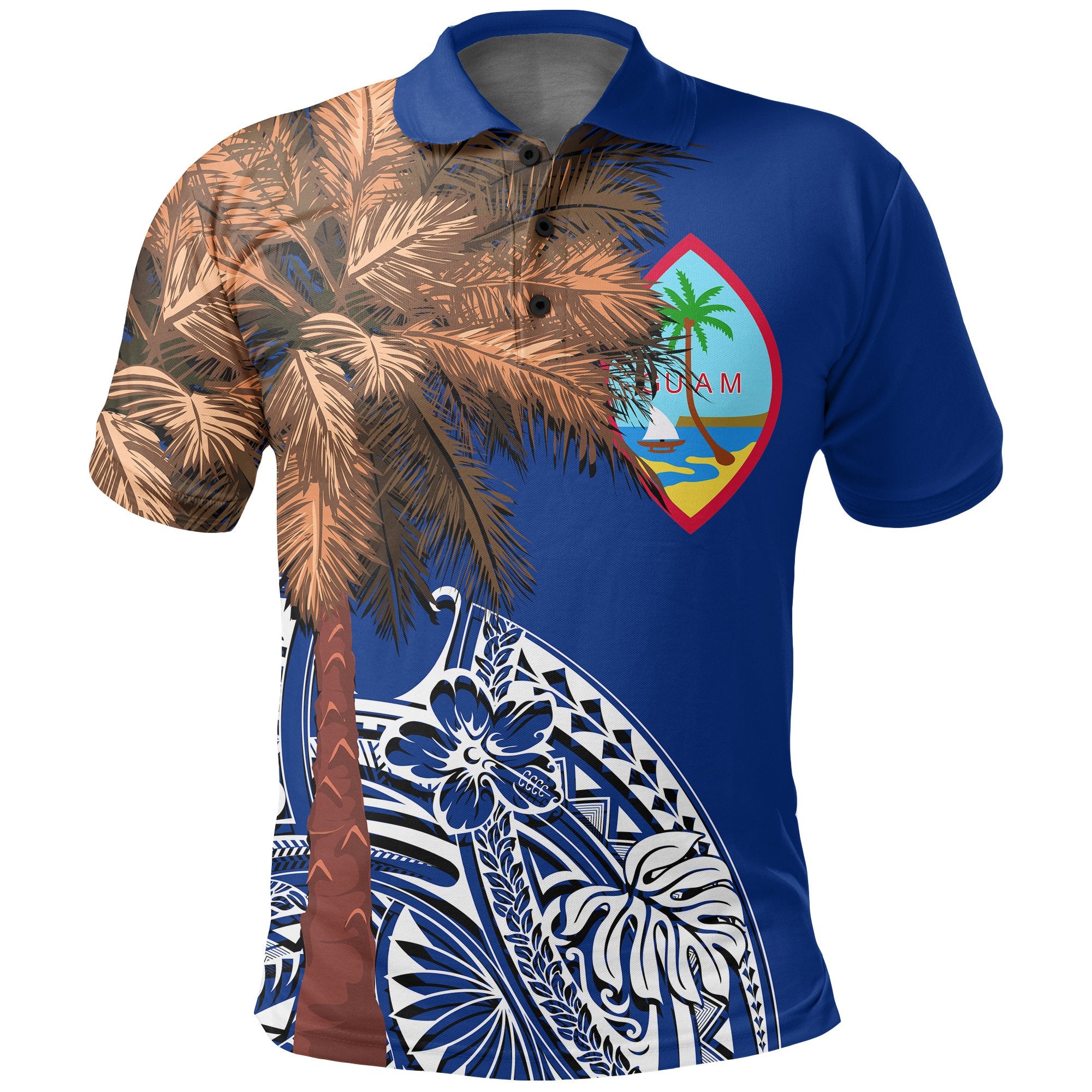 Guam Polo Shirt Guahan Palm Tree Polynesian Pattern Unisex Blue - Polynesian Pride