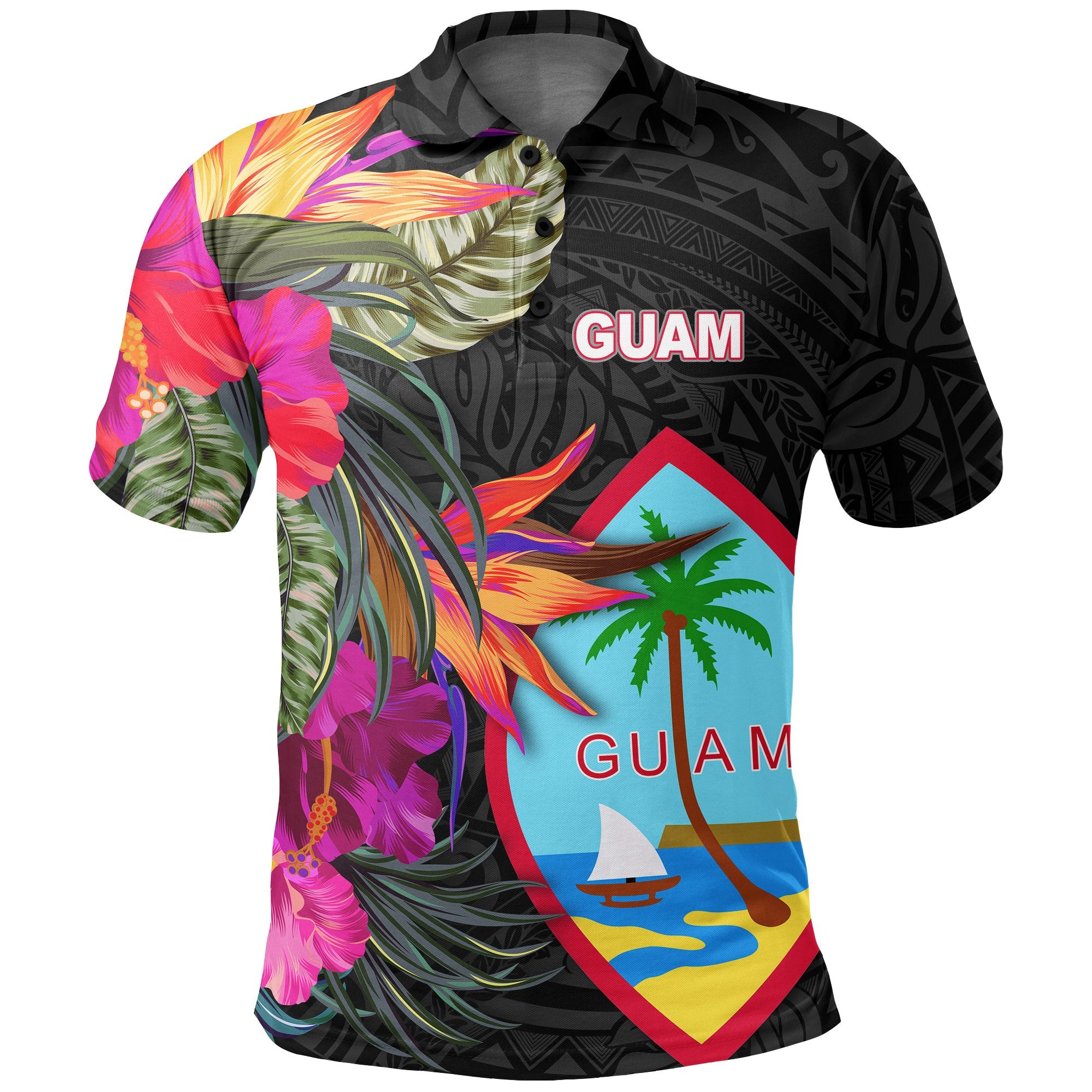 Guam Polo Shirt Hibiscus Polynesian Pattern Unisex Black - Polynesian Pride