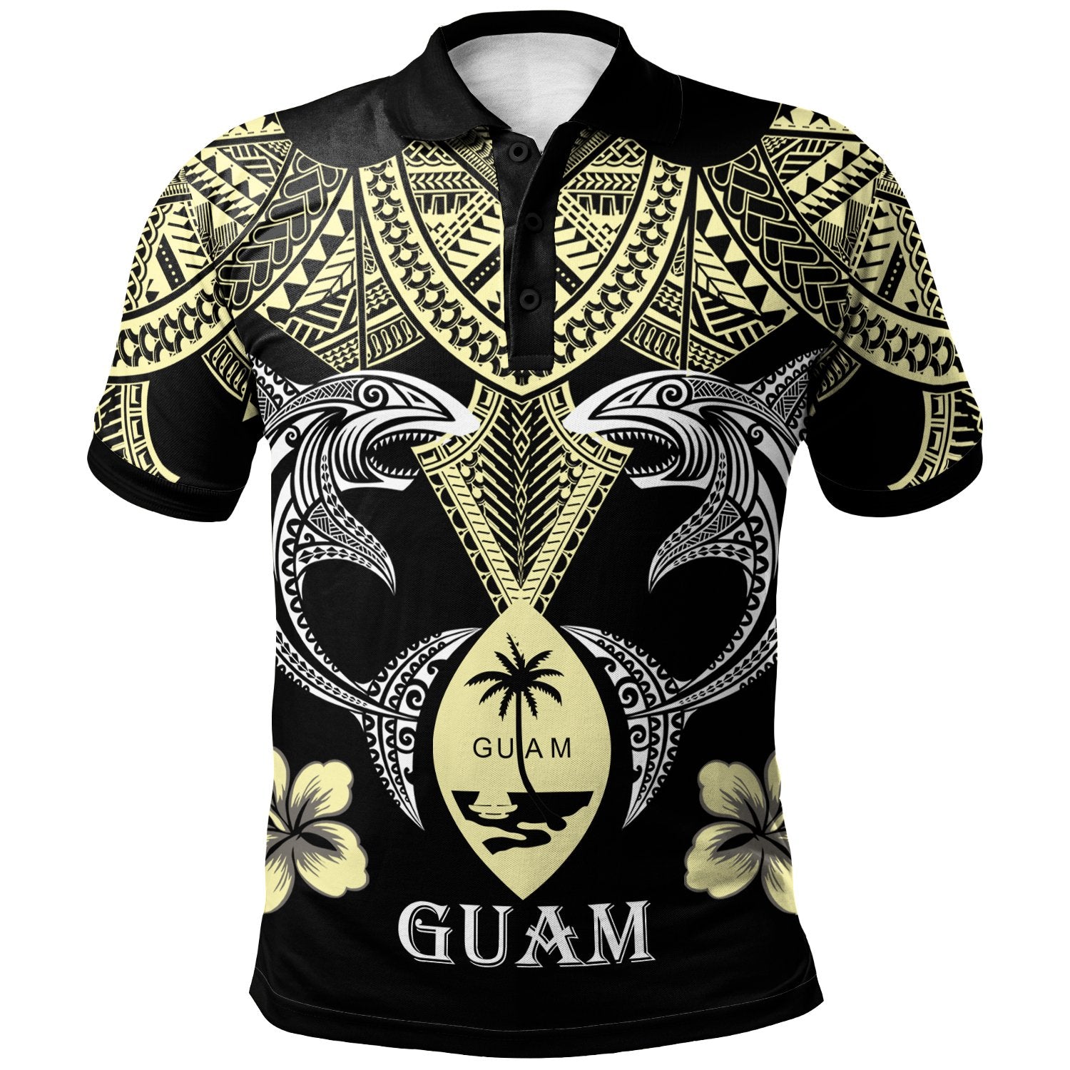 Guam Polo Shirt Pacific Maori Pattern Sharks Unisex Black - Polynesian Pride