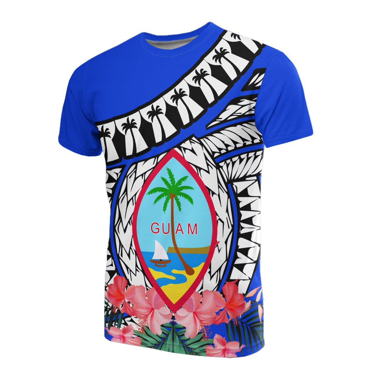 Guam T Shirt Polynesian Pattern Blue With Hibiscus Unisex Blue - Polynesian Pride