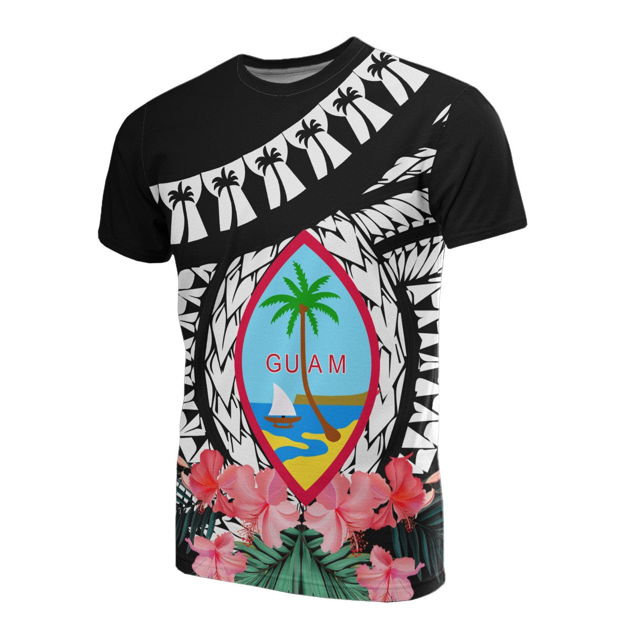 Guam T Shirt Polynesian Pattern Black With Hibiscus Unisex Black - Polynesian Pride