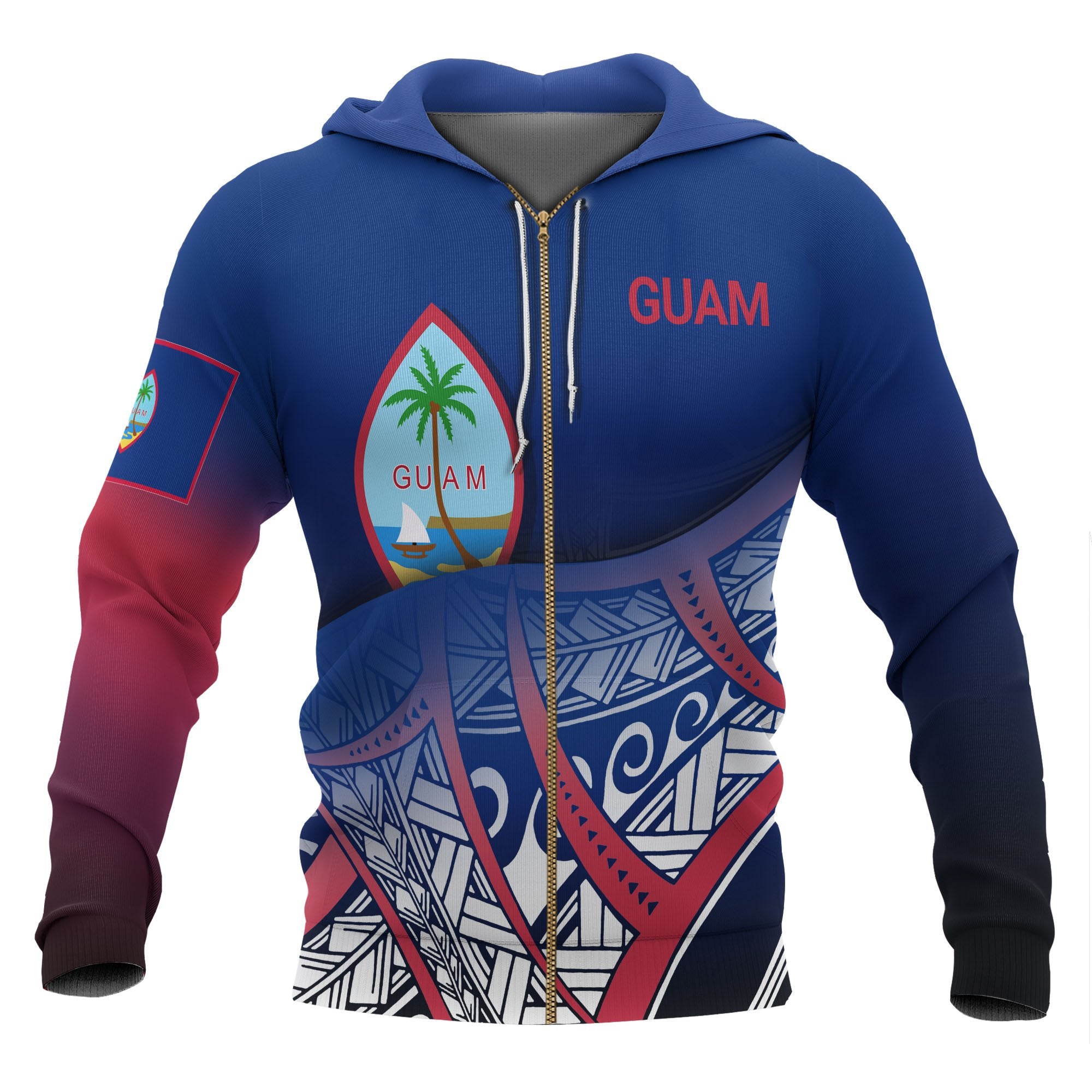 Guam Coat of Arms Zip up Hoodie Polynesian Pattern Unisex Blue - Polynesian Pride