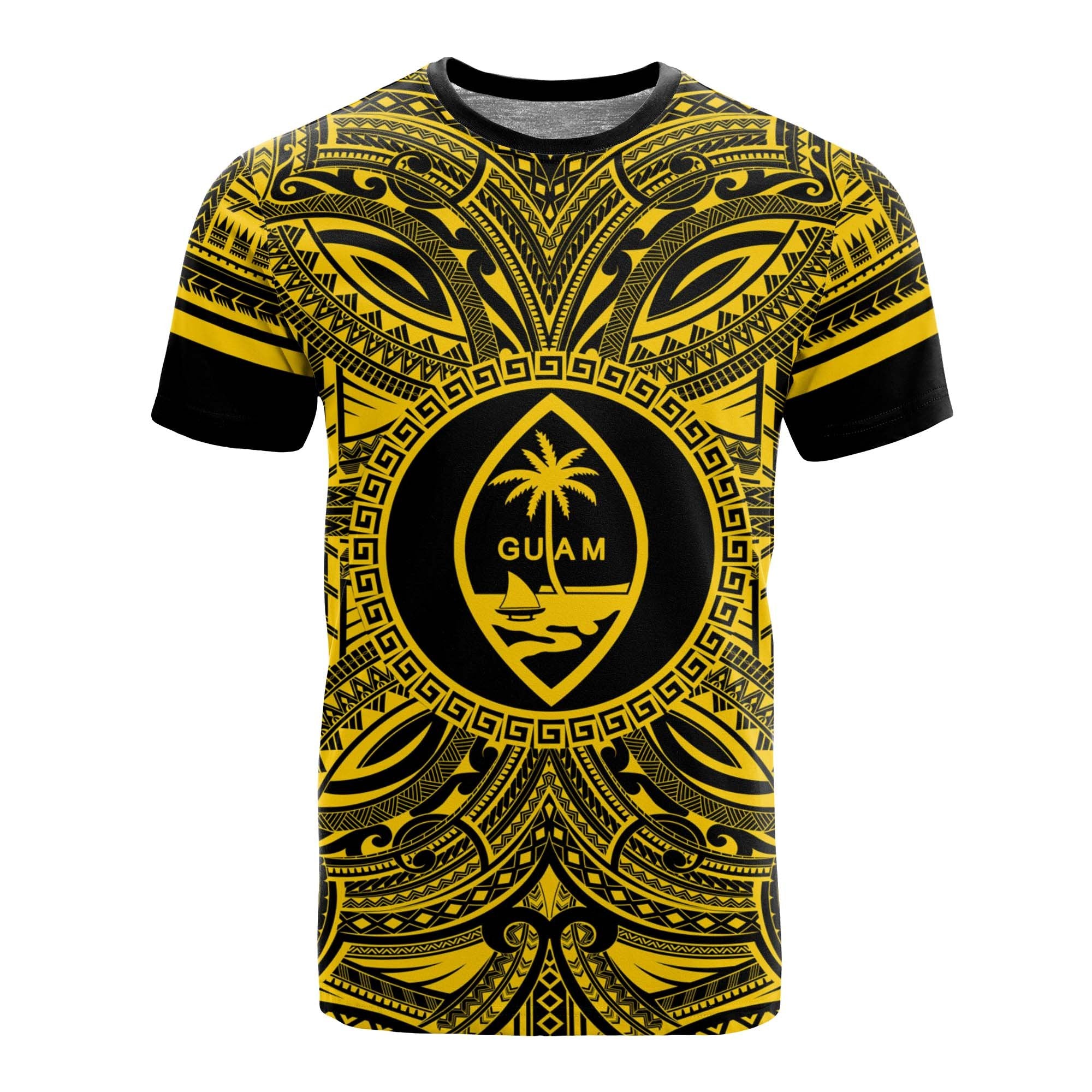 Guam T Shirt Guam Coat of Arms Polynesian Gold Black Unisex Gold - Polynesian Pride
