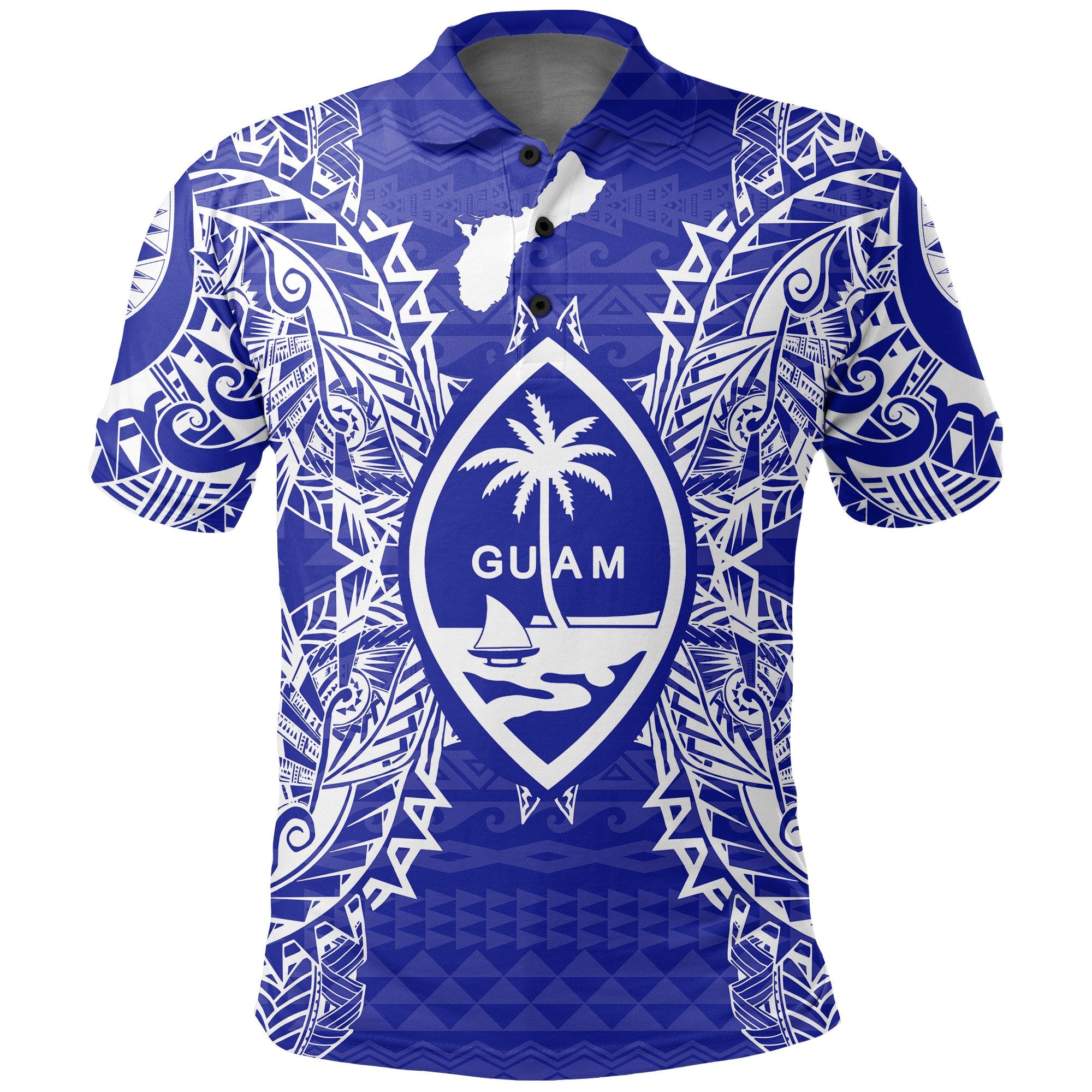 Guam Polo Shirt Guahan Coat Of Arms Map Polynesian Tattoo Blue Unisex Blue - Polynesian Pride