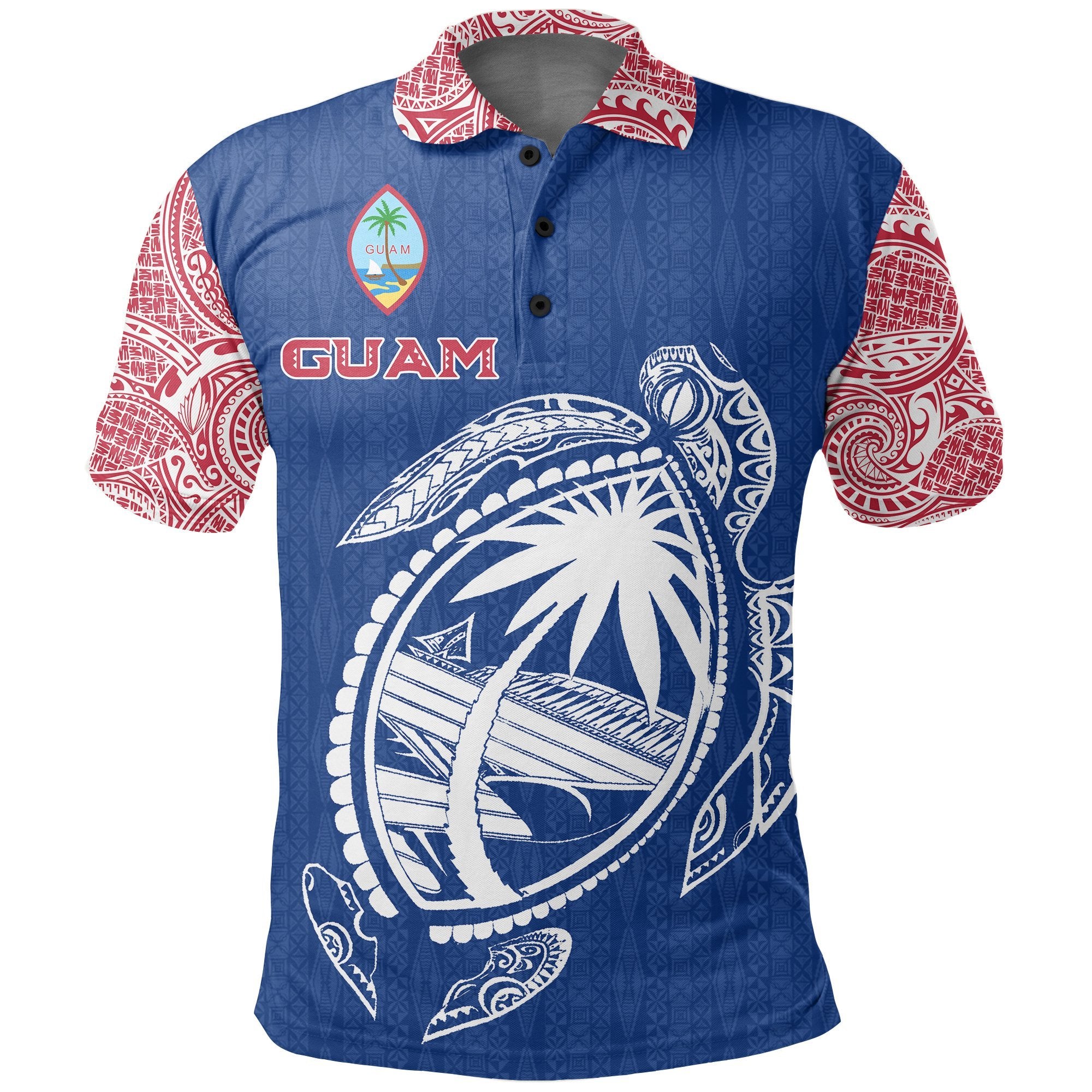 Guam Polynesian Polo Shirt Turtle Unisex Blue mix Red and White - Polynesian Pride