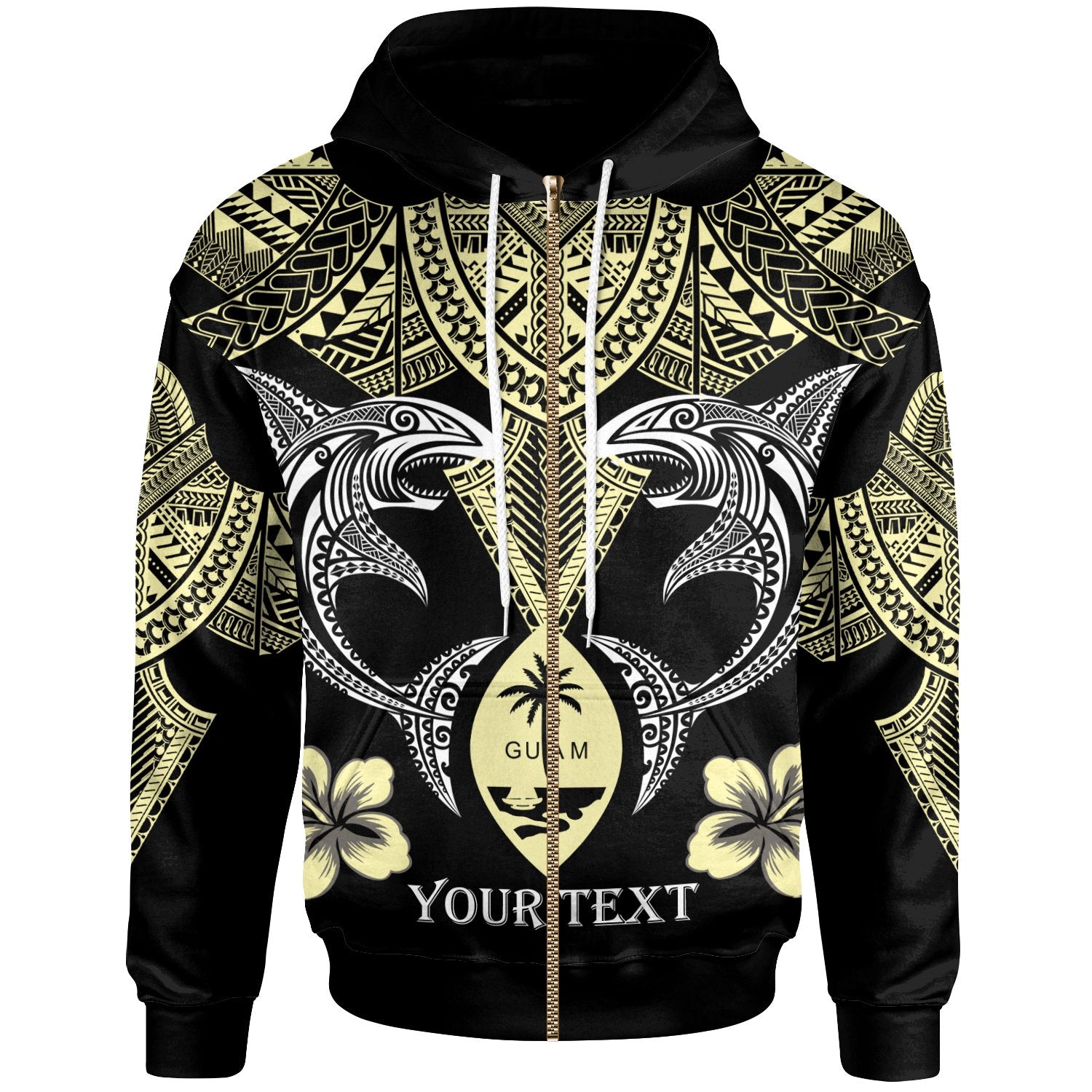 Guam Custom Zip up Hoodie Pacific Maori Pattern Sharks Unisex Black - Polynesian Pride