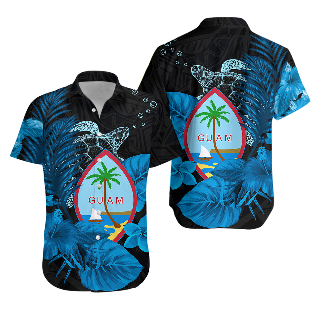 Guam Seal Hawaiian Shirt Polynesian Turtle with Flowers Version Blue LT13 Unisex Blue - Polynesian Pride
