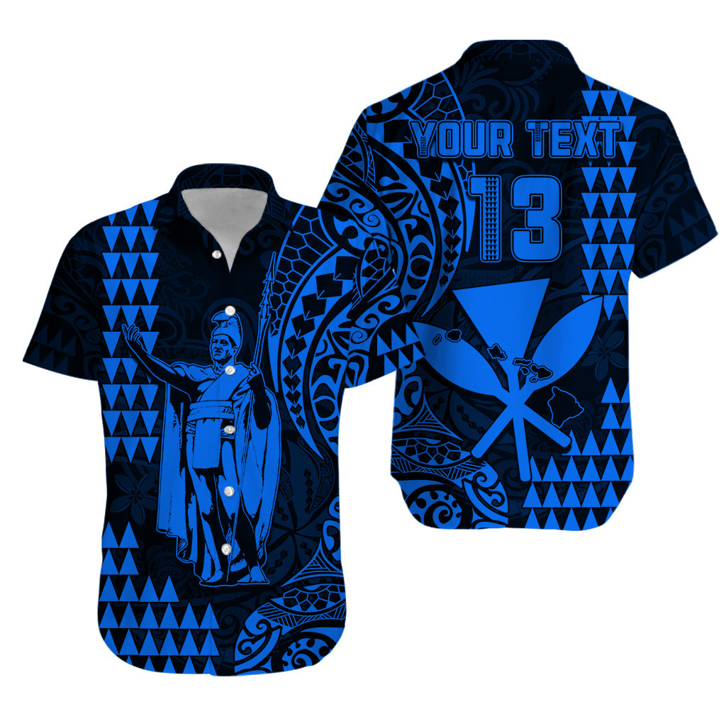 (Custom Text and Number) Hawaii Day Kakau Hawaiian Shirt Proud To Be Hawaiian Blue King Kamehameha and Kanaka Maoli LT13 Blue - Polynesian Pride