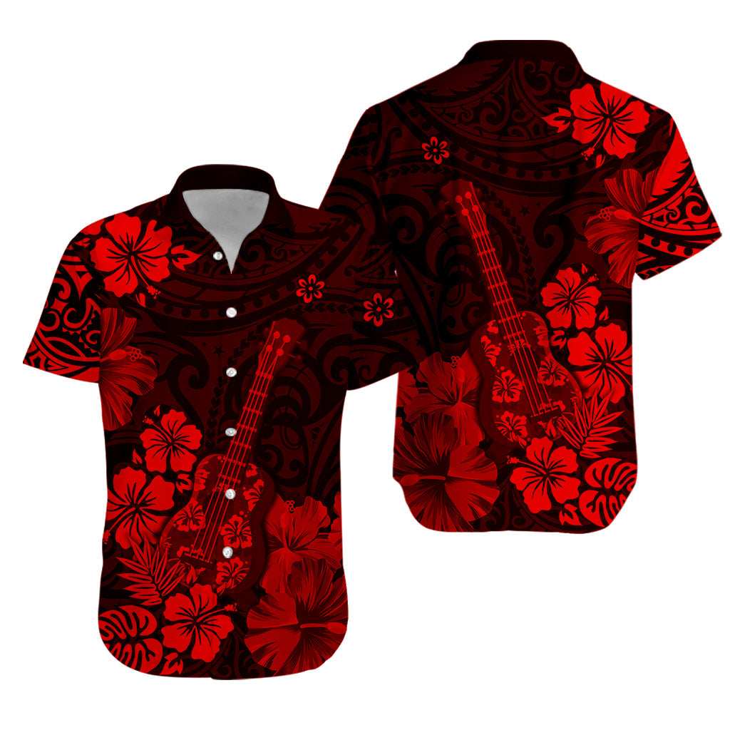 Hawaii Hawaiian Shirt Polynesia Red Ukulele Flowers LT13 Unisex Red - Polynesian Pride
