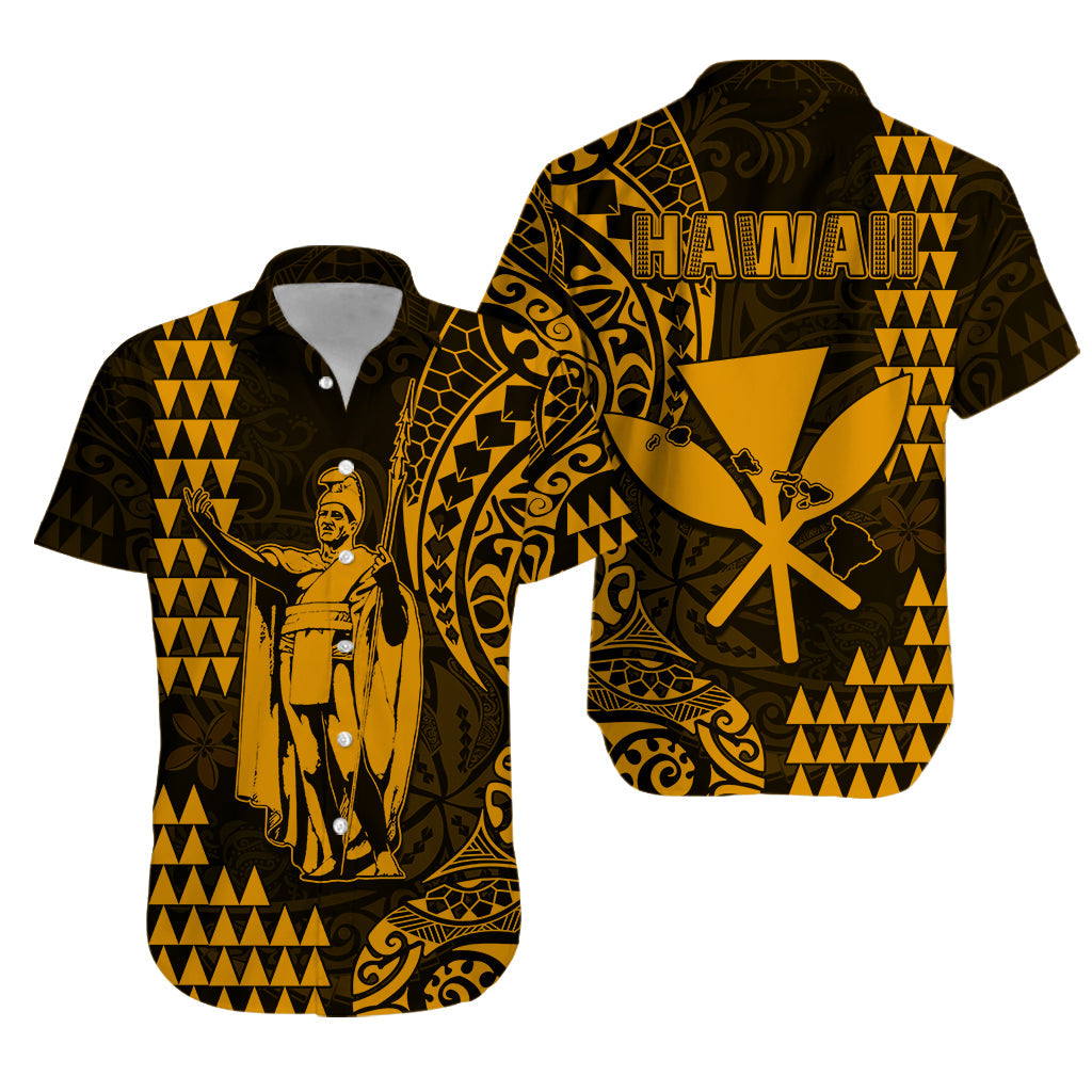 Hawaii Day Kakau Hawaiian Shirt Proud To Be Hawaiian Gold King Kamehameha and Kanaka Maoli LT13 Gold - Polynesian Pride