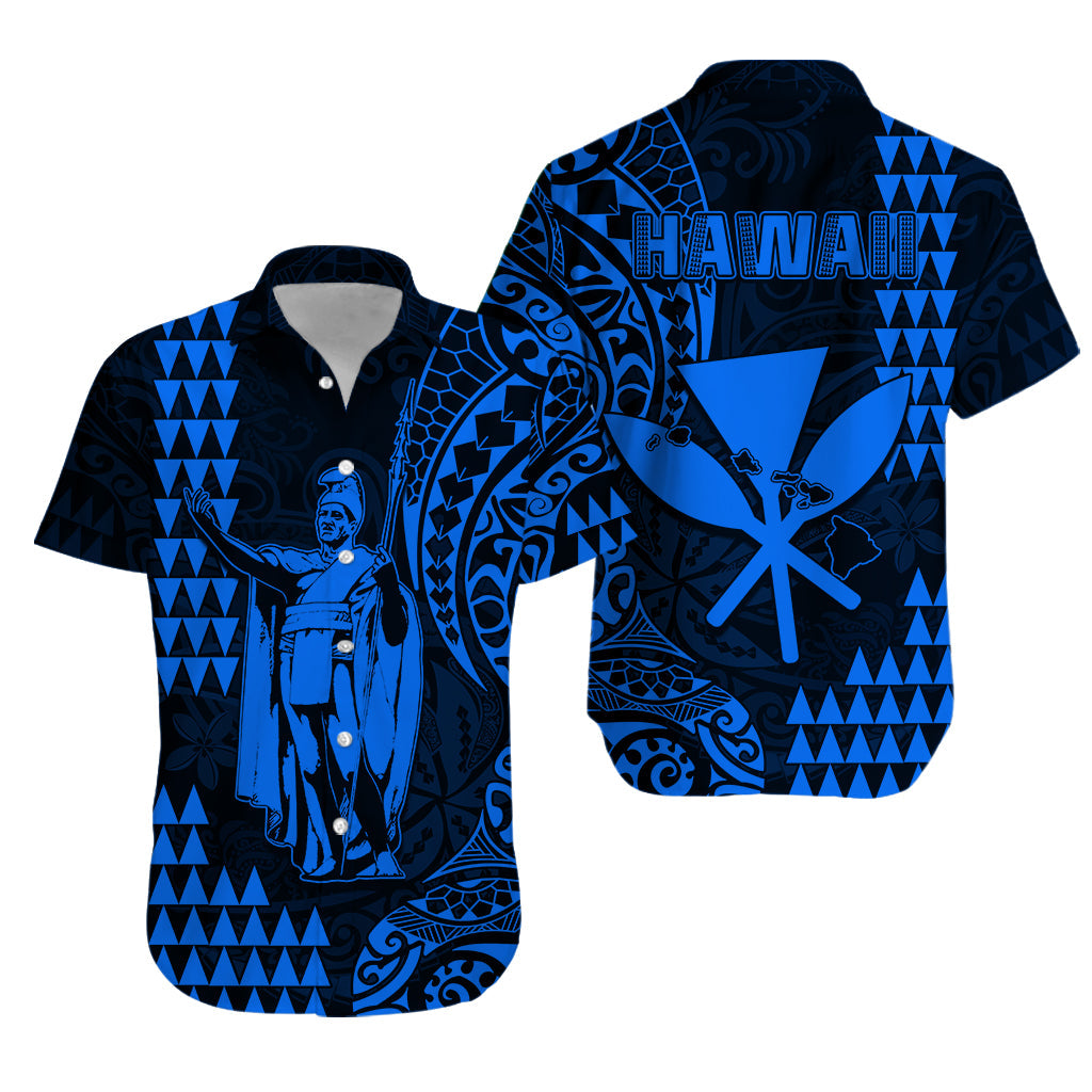 Hawaii Day Kakau Hawaiian Shirt Proud To Be Hawaiian Blue King Kamehameha and Kanaka Maoli LT13 Blue - Polynesian Pride