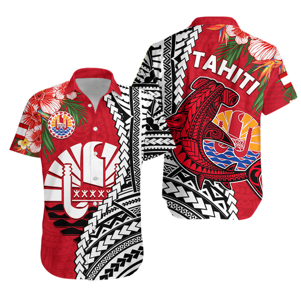 Tahiti Islands Hawaiian Shirt Polynesian Shark Mix Tropical Flowers LT14 Unisex Red - Polynesian Pride