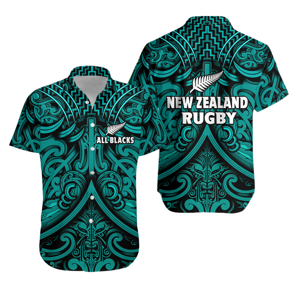 New Zealand Silver Fern Rugby Hawaiian Shirt All Black Turquoise NZ Maori Pattern LT13 Unisex Turquoise - Polynesian Pride