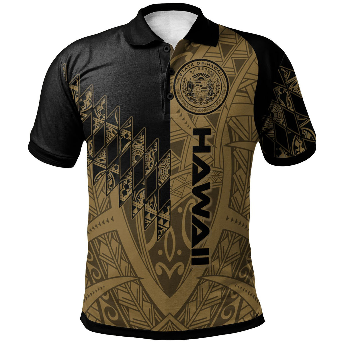 Hawaii Polo Shirt Gold Color Symmetry Style Unisex Black - Polynesian Pride