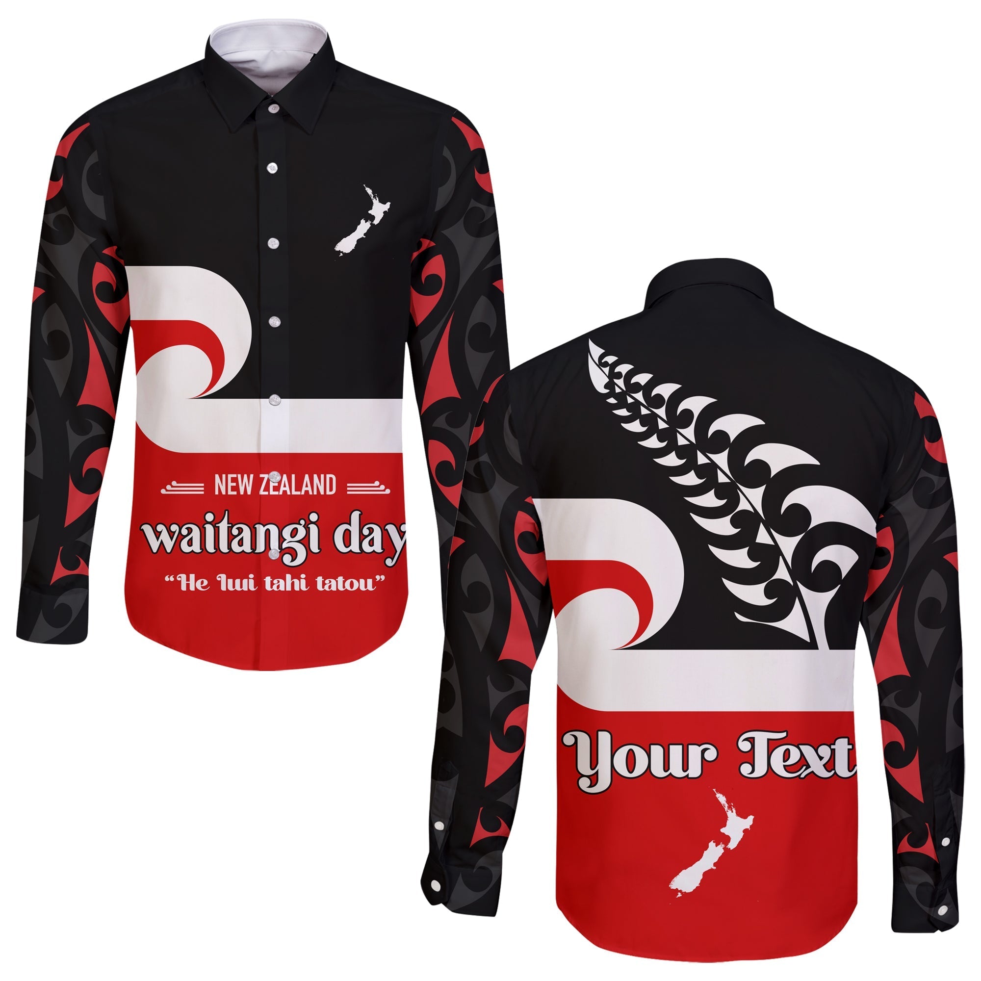 (Custom Personalised) Waitangi Day Long Sleeve Button Shirt Maori Fern and Tino Rangatiratanga Flag LT13 Unisex Black - Polynesian Pride