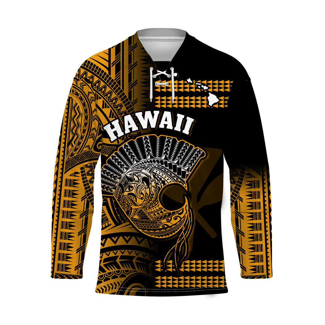 Hawaii Hockey Jersey Kakau Warrior Helmet Gradient Gold Polynesian LT14 Unisex Gold - Polynesian Pride