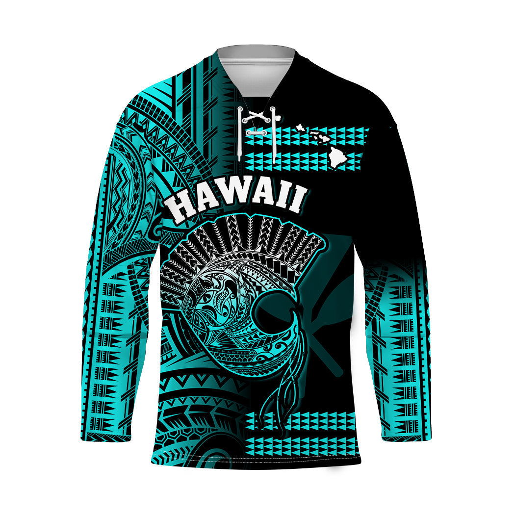 Hawaii Hockey Jersey Kakau Warrior Helmet Gradient Turquoise Polynesian LT14 Unisex Turquoise - Polynesian Pride