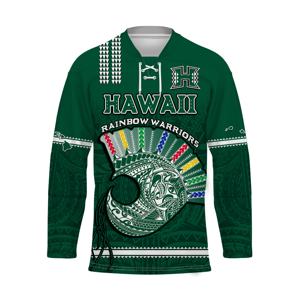 Hawaii Football Hockey Jersey Kakau Rainbow Warriors Helmet Go Bows LT14 Unisex Green - Polynesian Pride