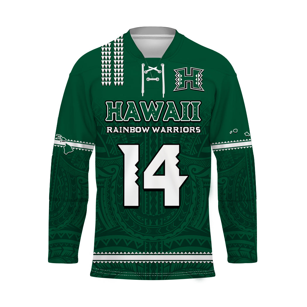 (Custom Text And Number) Hawaii Football Hockey Jersey Kakau Rainbow Warriors Helmet Go Bows LT14 Unisex Green - Polynesian Pride