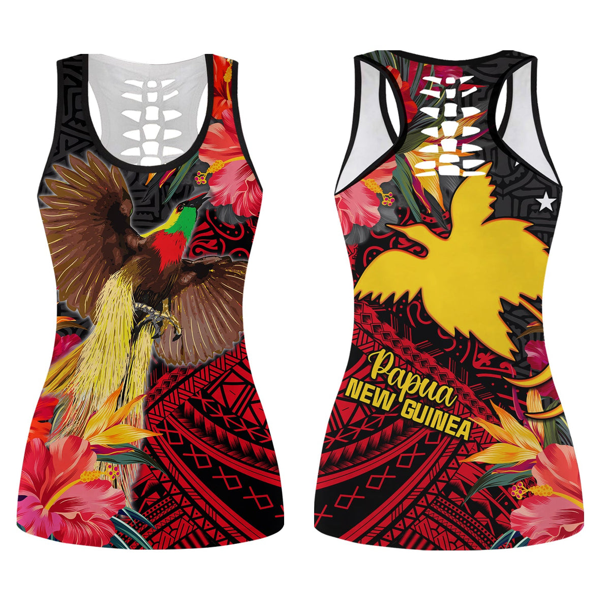 Papua New Guinea Hollow Tank Top Bird of Paradise LT13 Female Black - Polynesian Pride