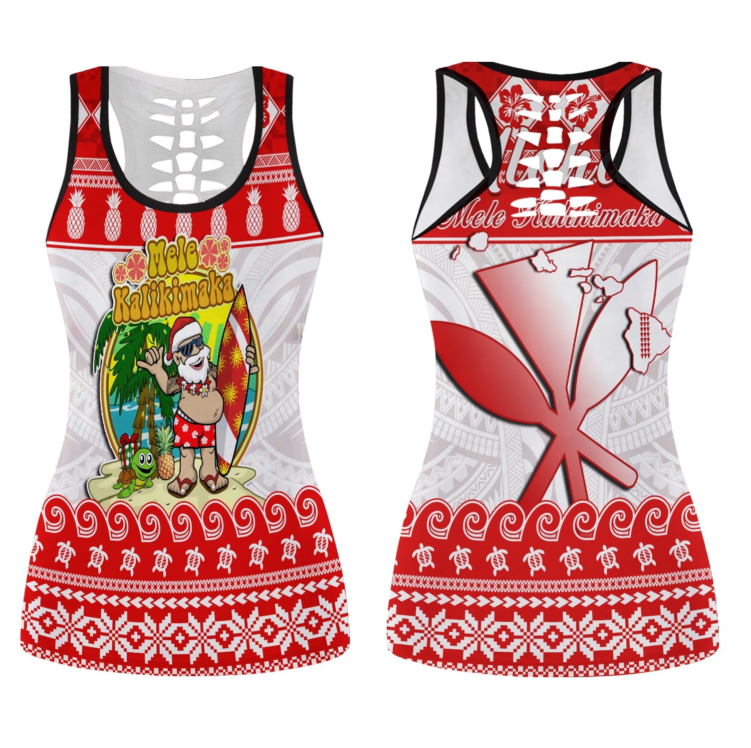 Hawaii Christmas Hollow Tank Top Kanaka Polynesian Santa Claus Mele Kalikimaka LT14 Female Red - Polynesian Pride