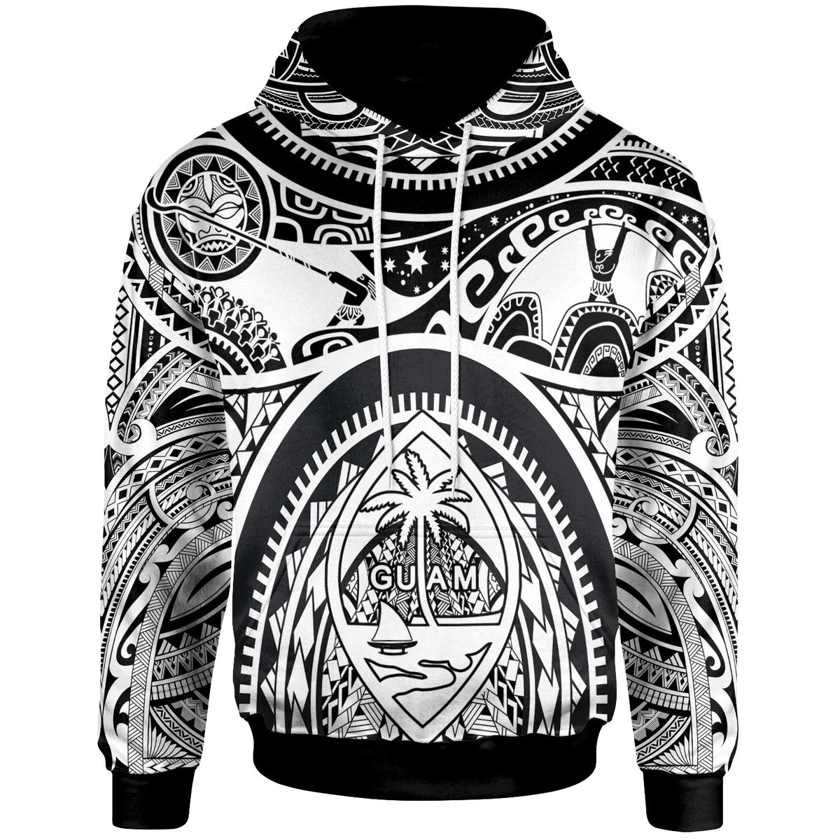 Polynesian Hoodie Guam Flag, Seal with Maui Moana Tattoo Unisex White - Polynesian Pride